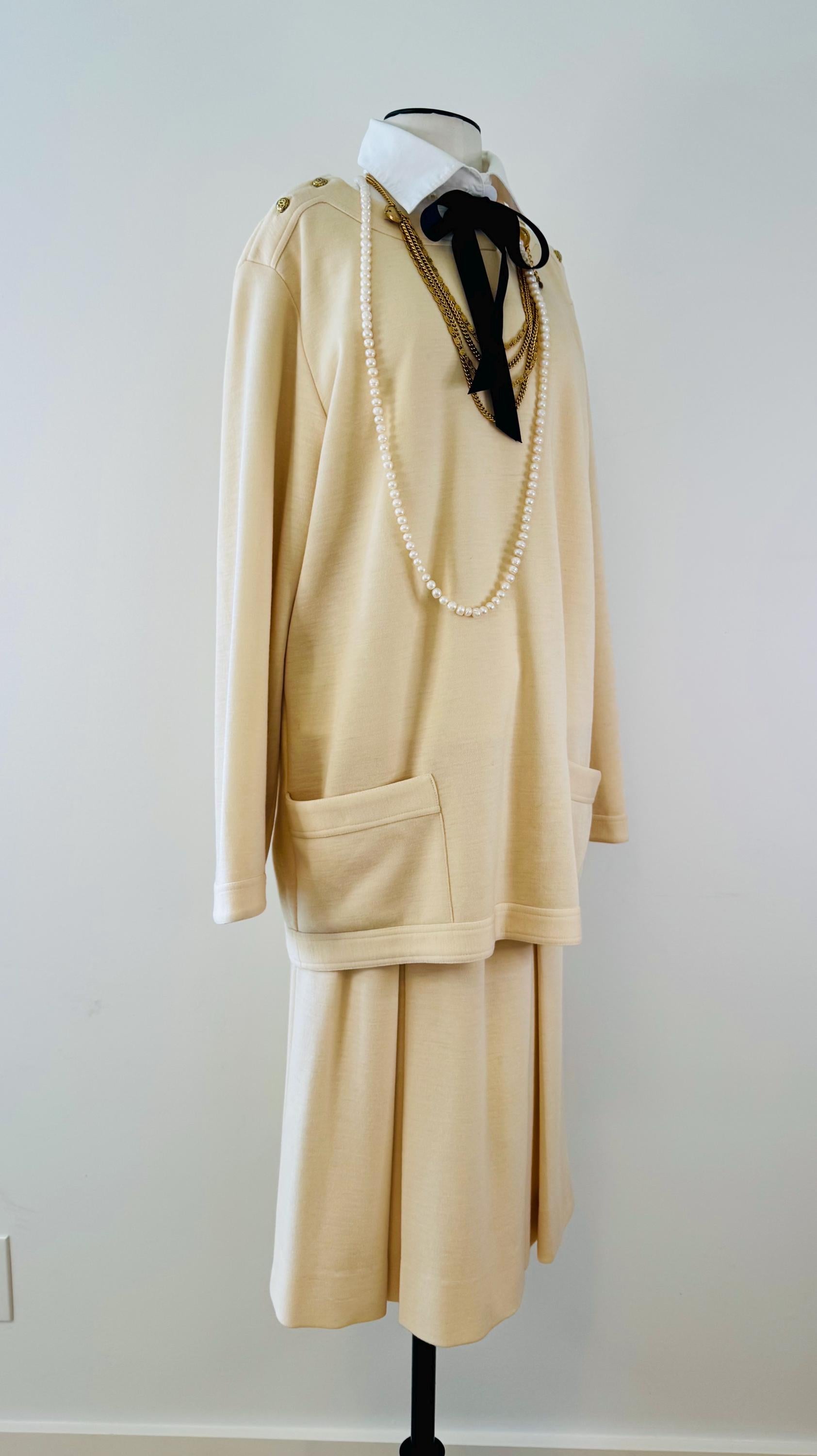 1984 CHANEL Runway logo Button Ivory Wool Skirt Ensemble