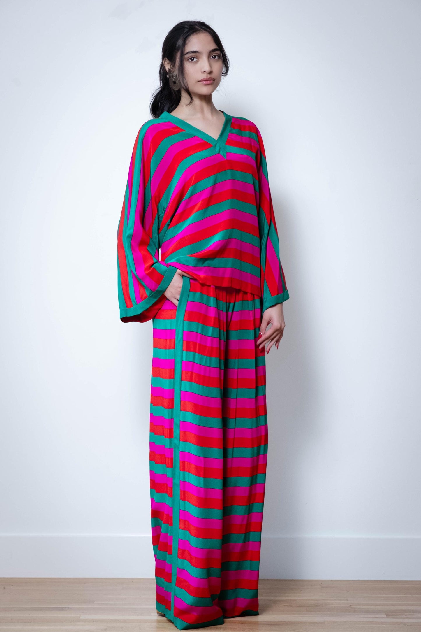 Oscar de LaRenta Silk Multi Color Stripe Wide Leg Pant Set