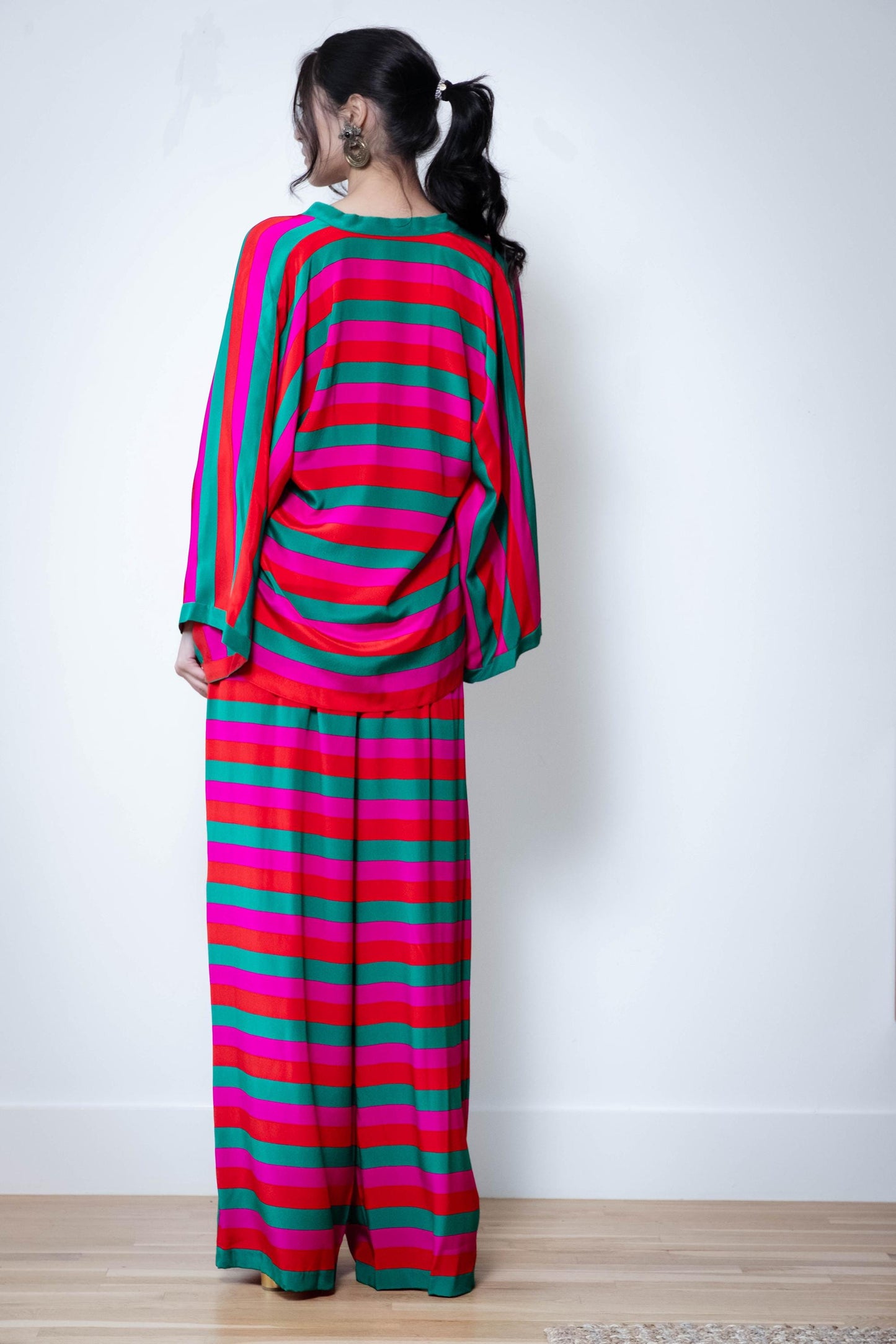 Oscar de LaRenta Silk Multi Color Stripe Wide Leg Pant Set