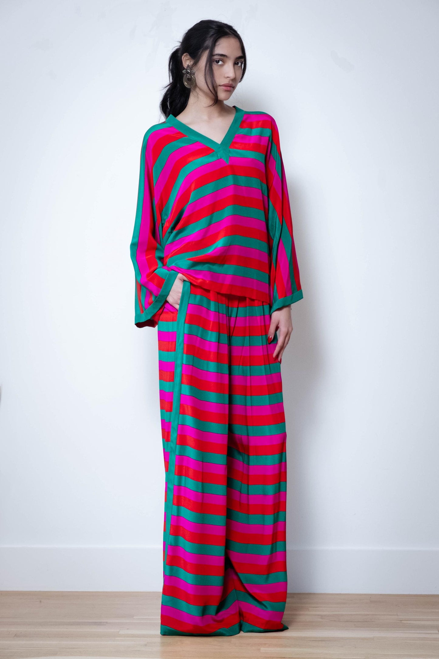 Oscar de LaRenta Silk Multi Color Stripe Wide Leg Pant Set