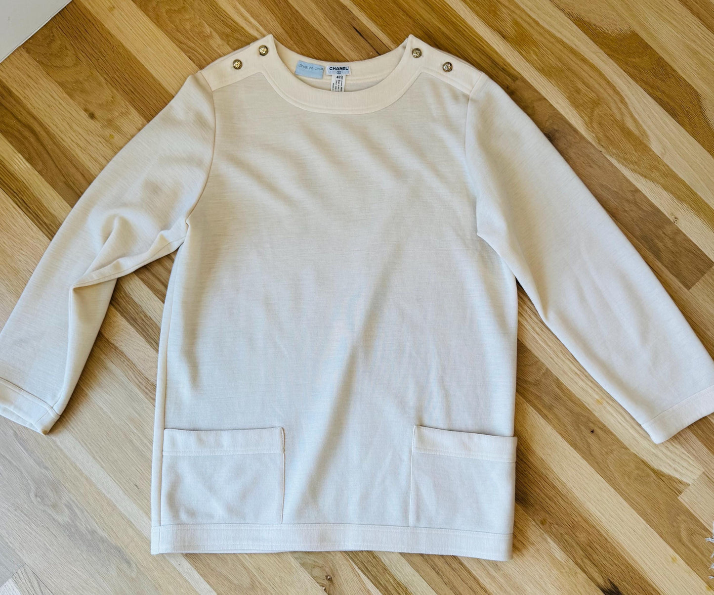 1984 CHANEL Runway logo Button Ivory Wool Skirt Ensemble