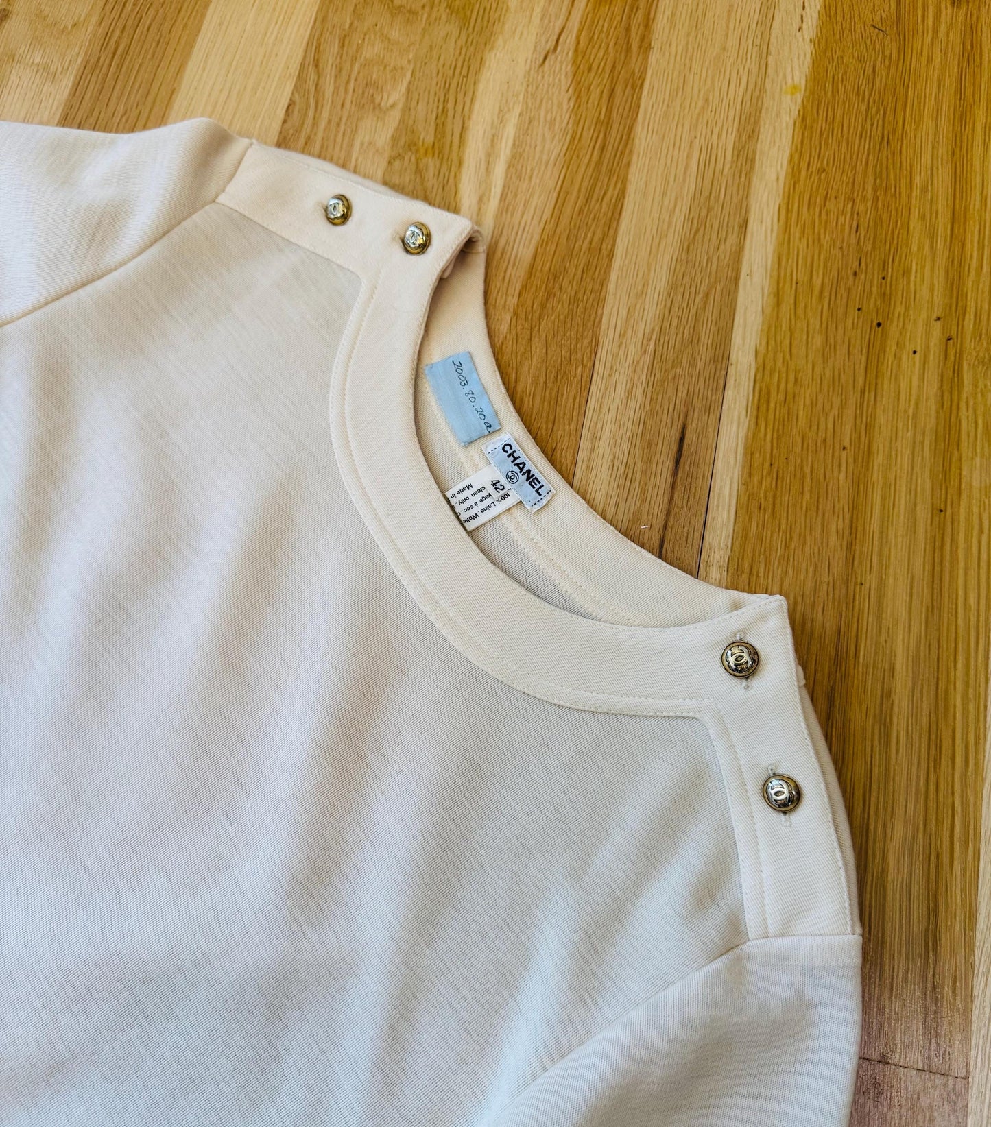 1984 CHANEL Runway logo Button Ivory Wool Skirt Ensemble