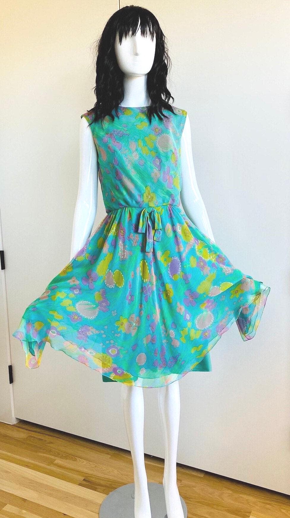 60s Mollie PARNIS Psychedelic Floral Silk Chiffon Full Skirt Sleeveless Dress