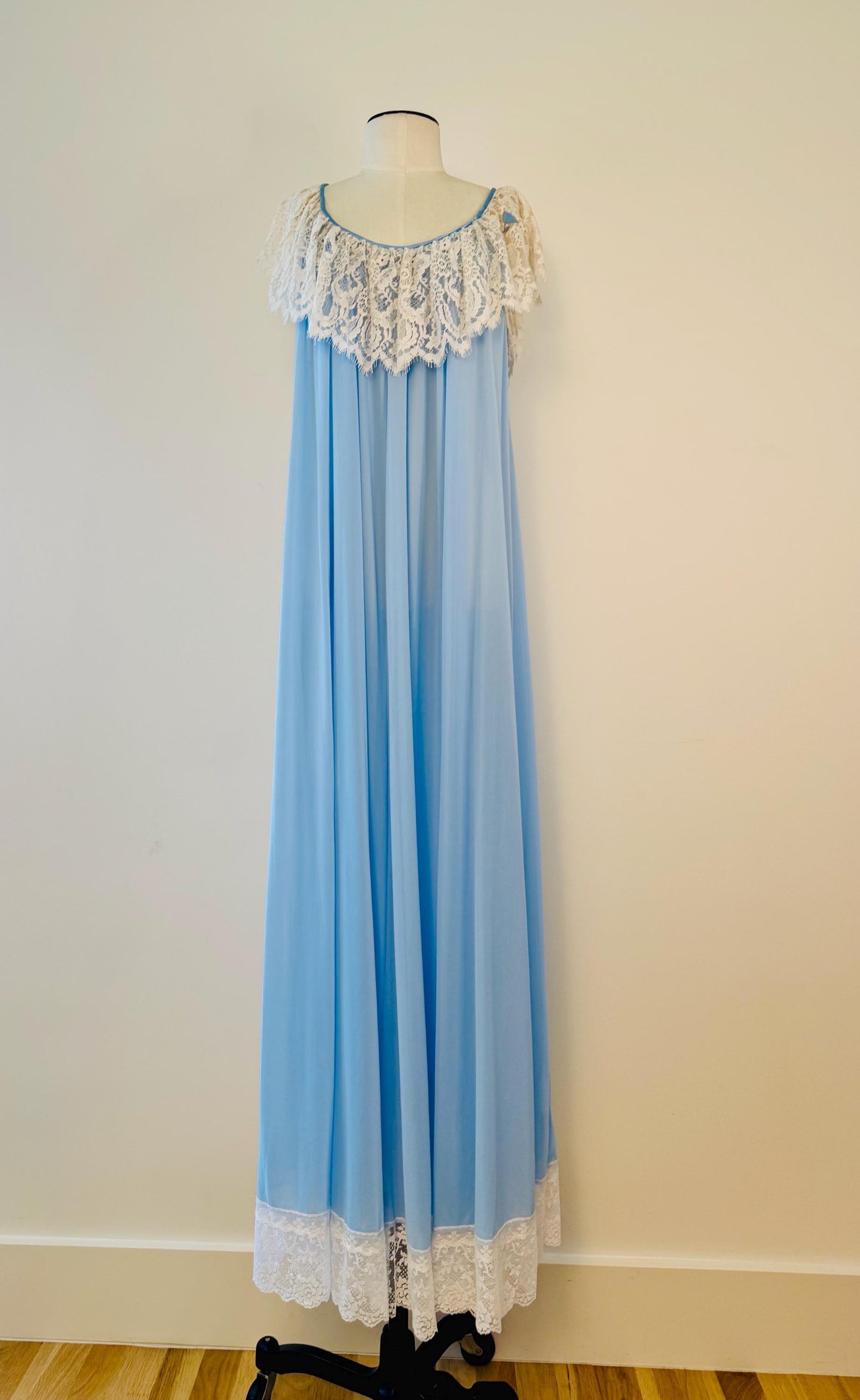 70s Lucie Ann Blue Nylon and Lace Sweeping Negligee