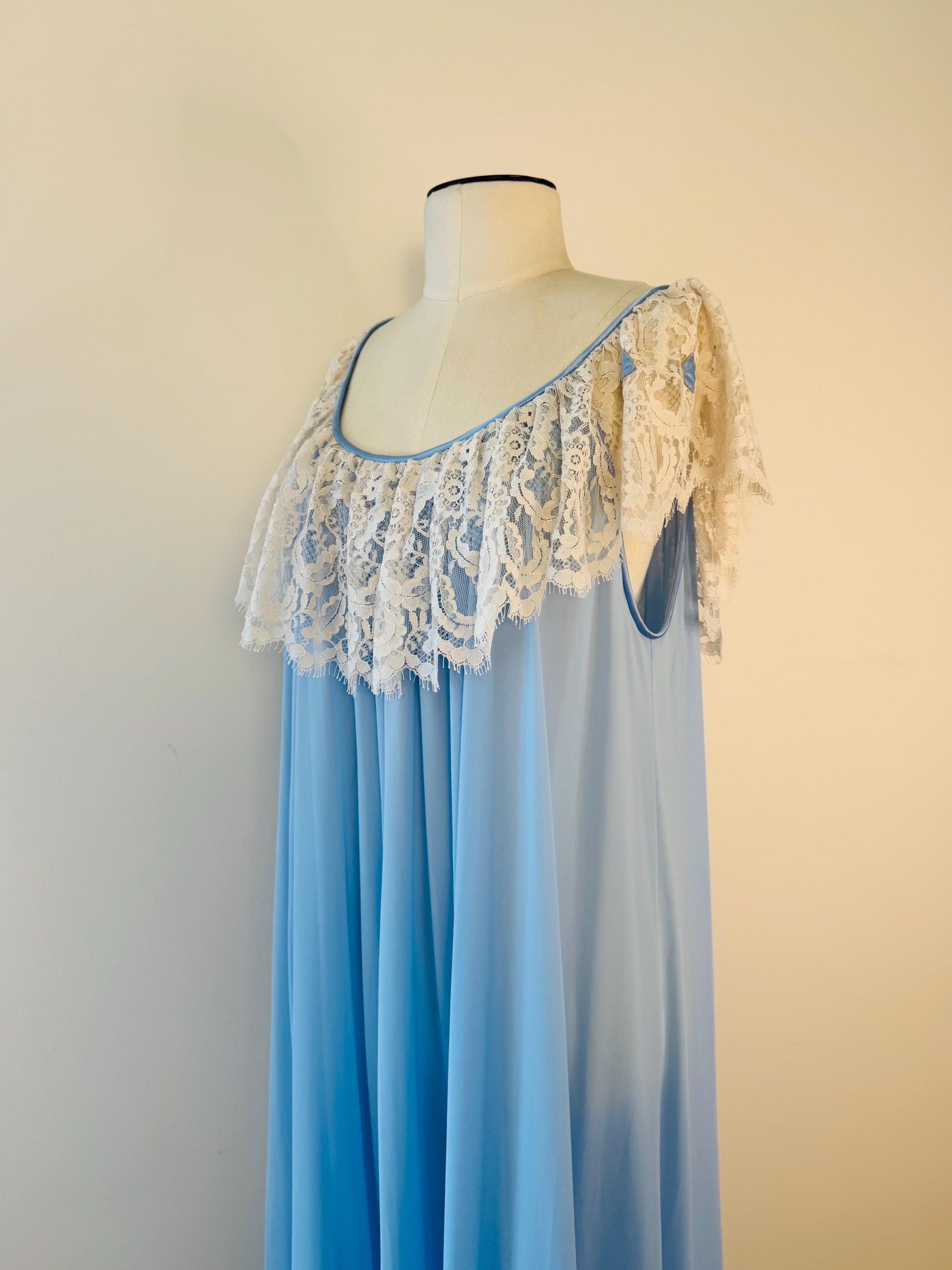 70s Lucie Ann Blue Nylon and Lace Sweeping Negligee