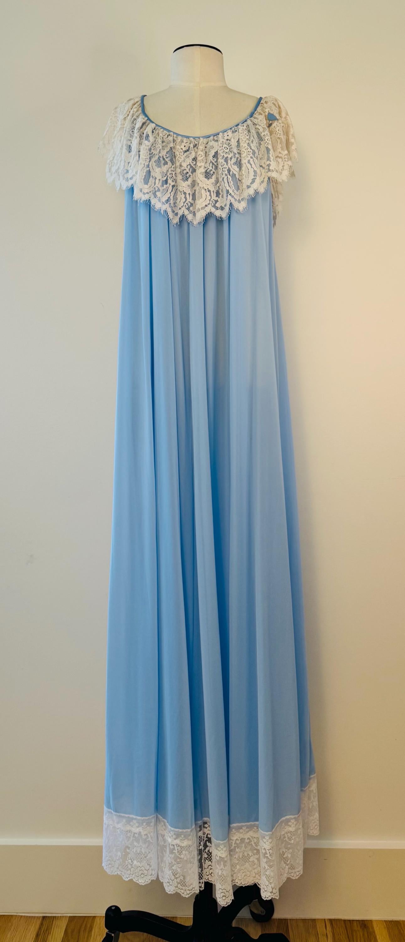 70s Lucie Ann Blue Nylon and Lace Sweeping Negligee