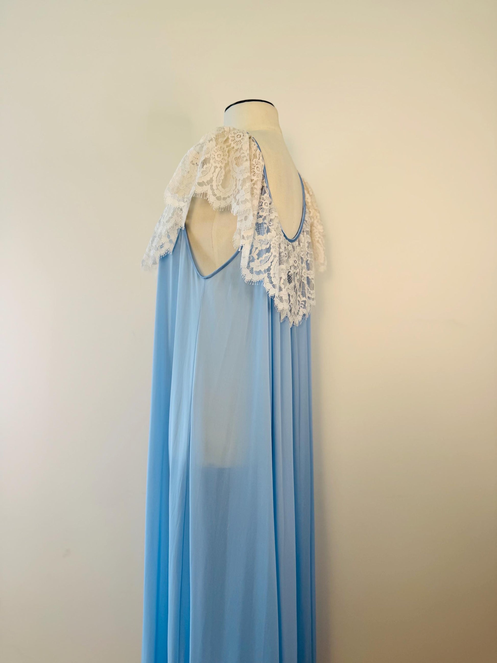 70s Lucie Ann Blue Nylon and Lace Sweeping Negligee