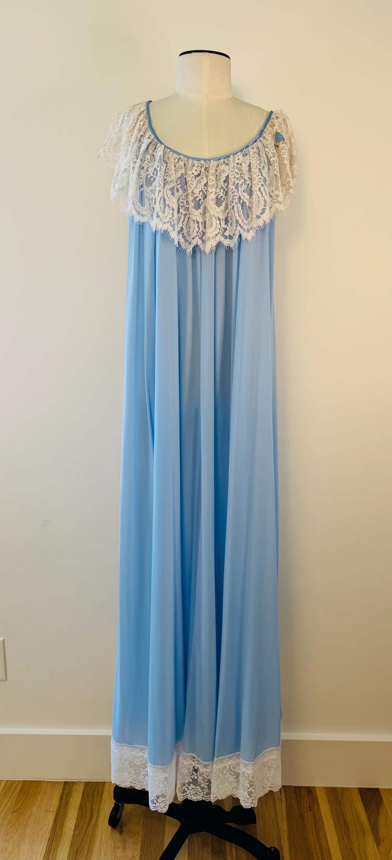 70s Lucie Ann Blue Nylon and Lace Sweeping Negligee
