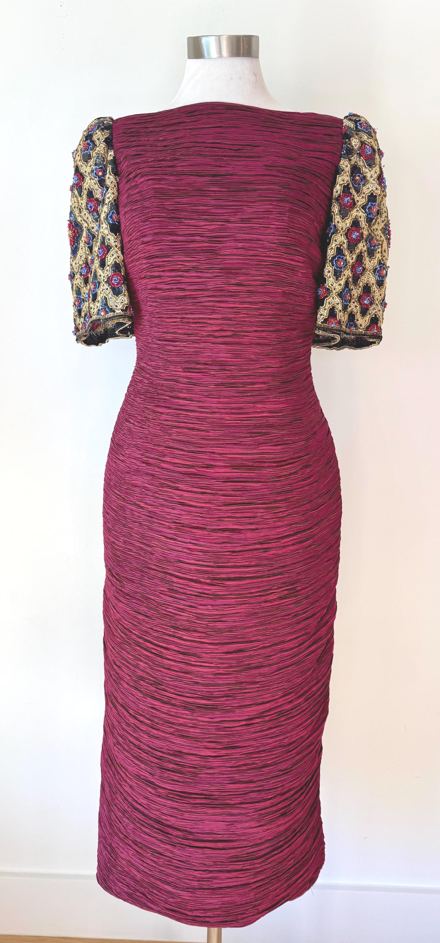 Vintage Mary MCFADDEN Couture Embellished Fitted Pleated Marri Midi Party Dress