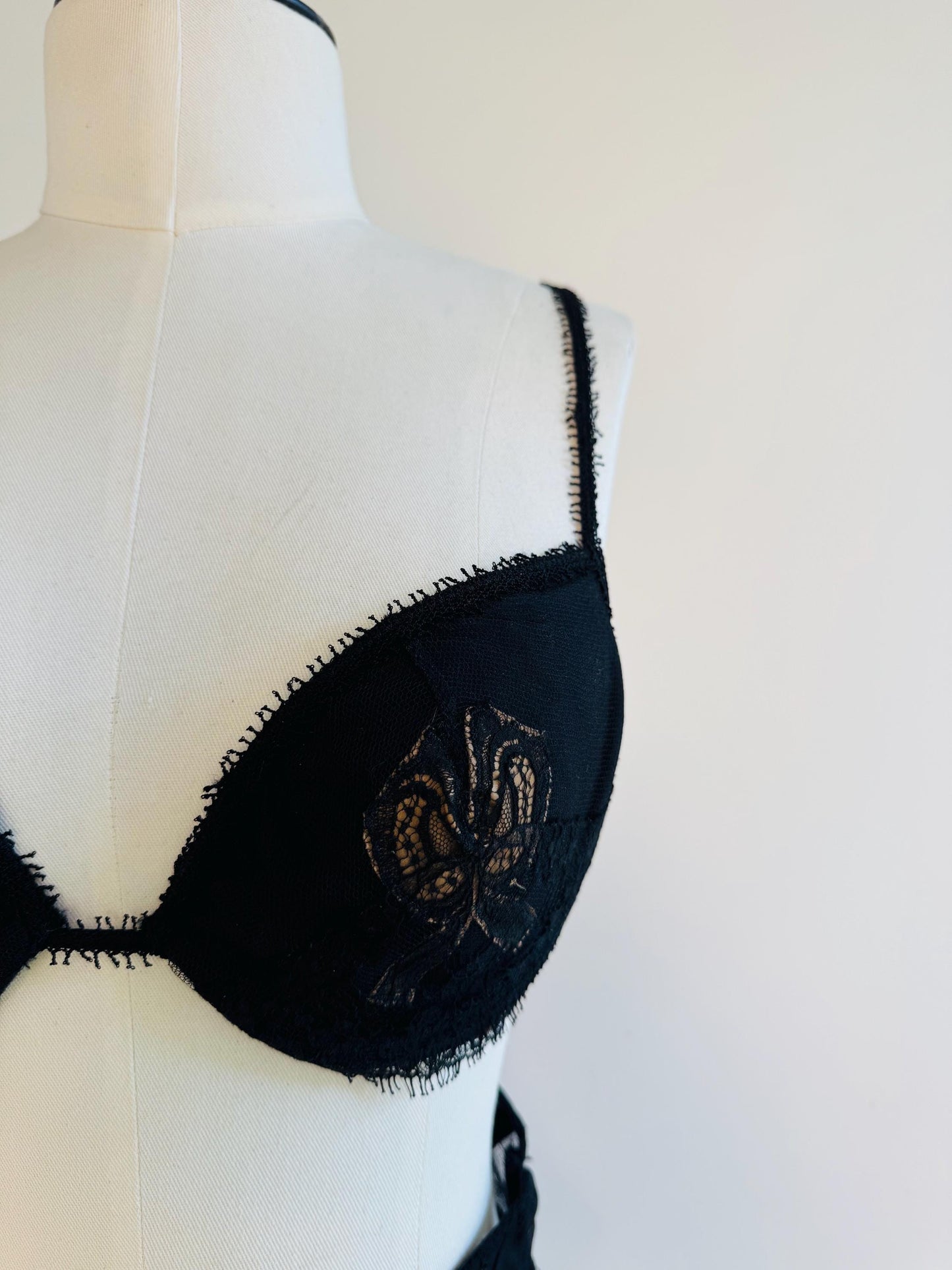 La Perla Black Label Satin and Lace Bow Bra 34C