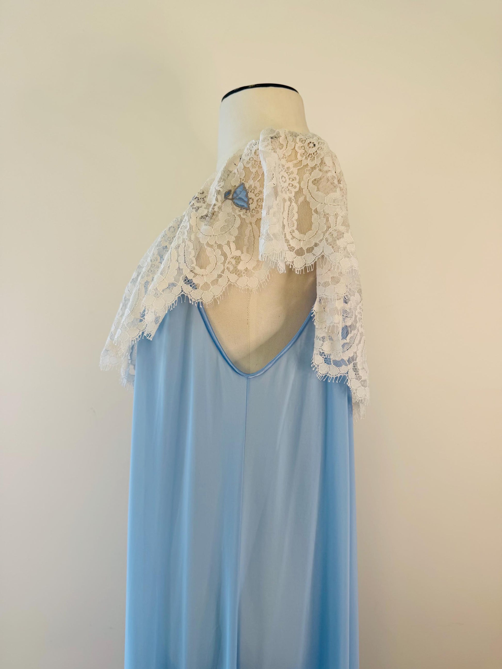 70s Lucie Ann Blue Nylon and Lace Sweeping Negligee