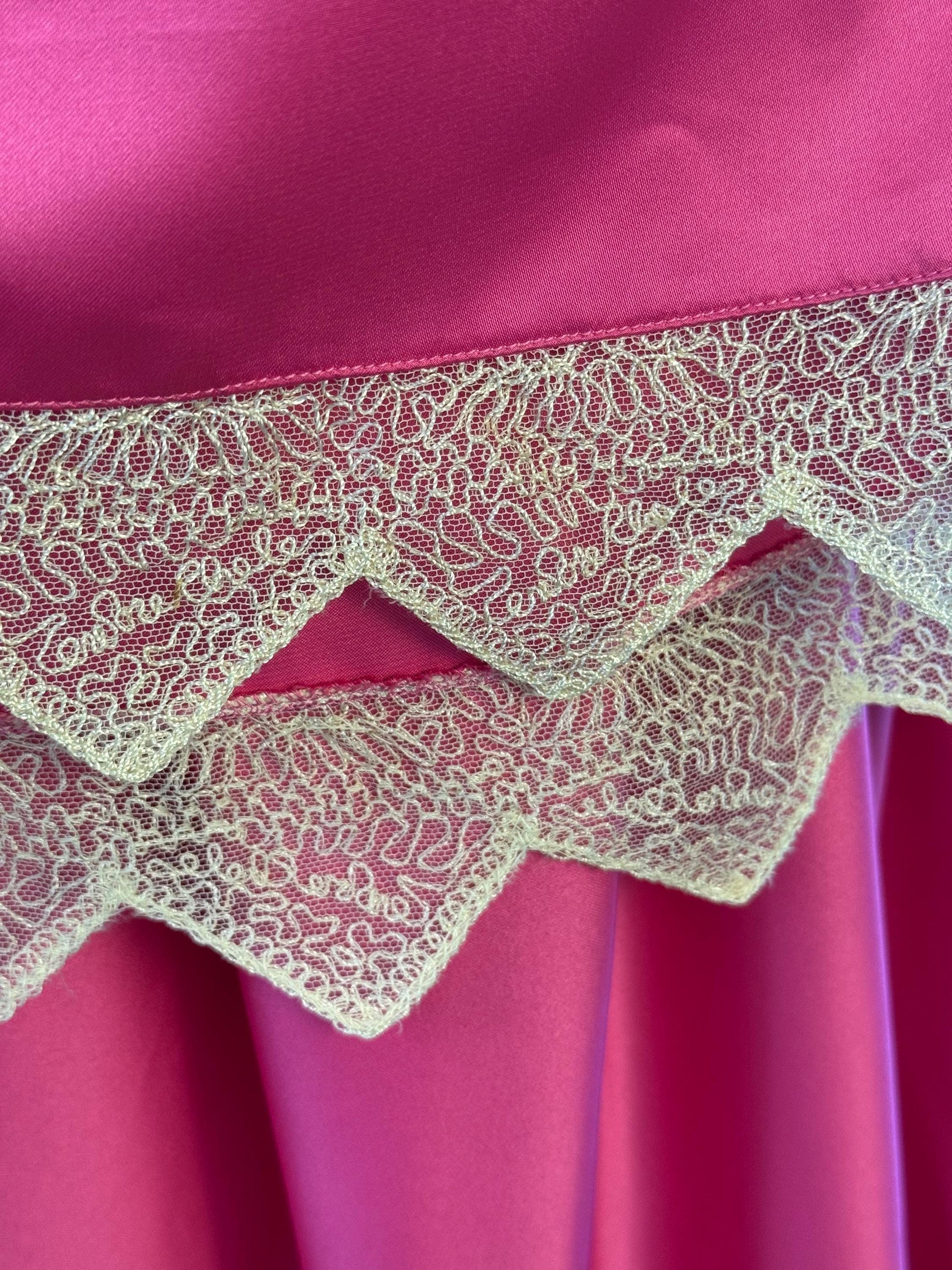 Zandra RHODES 70s Magenta Satin Lace Trimmed Maxi Dress Gown