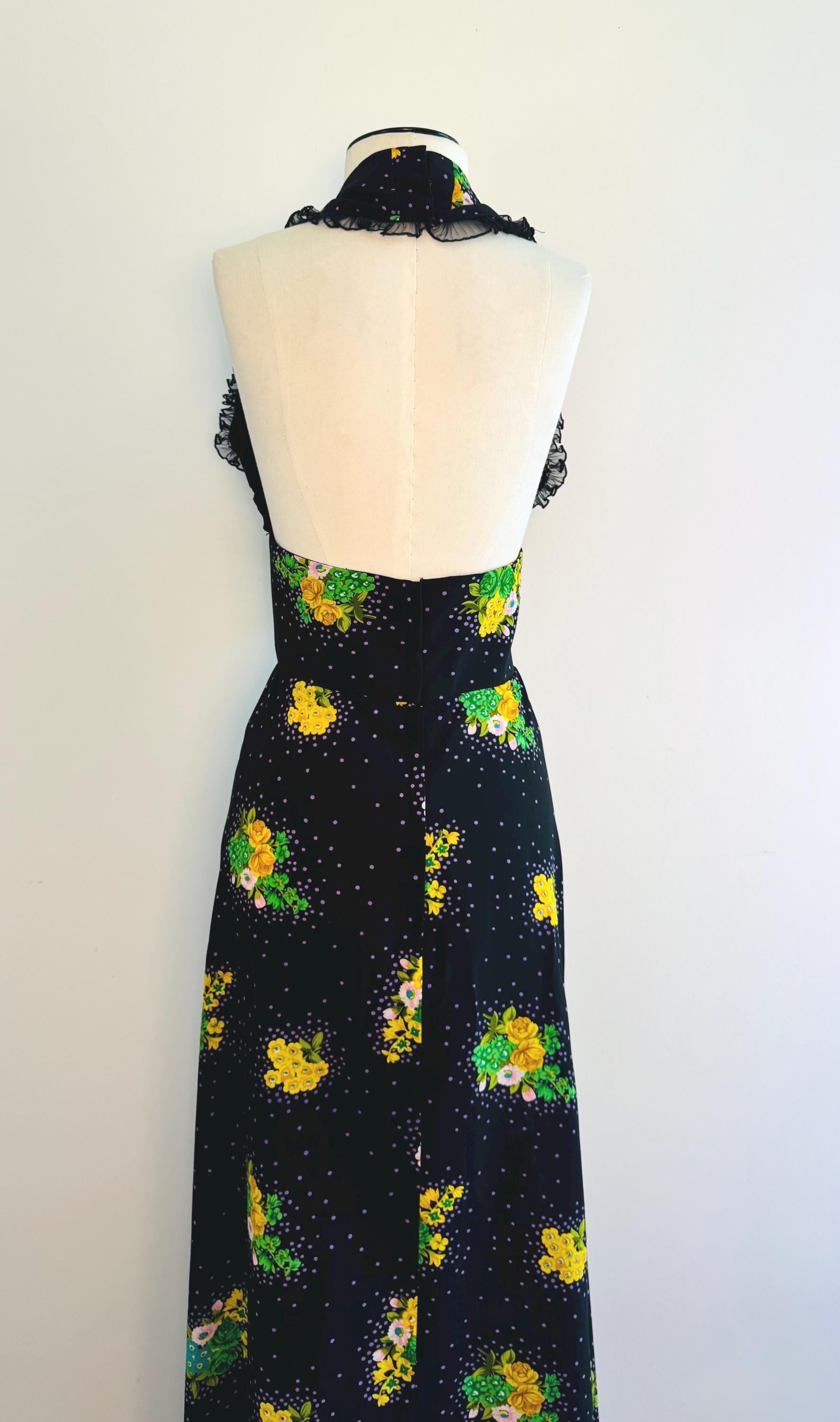70s OOAK Floral Print Halter Maxi Dress