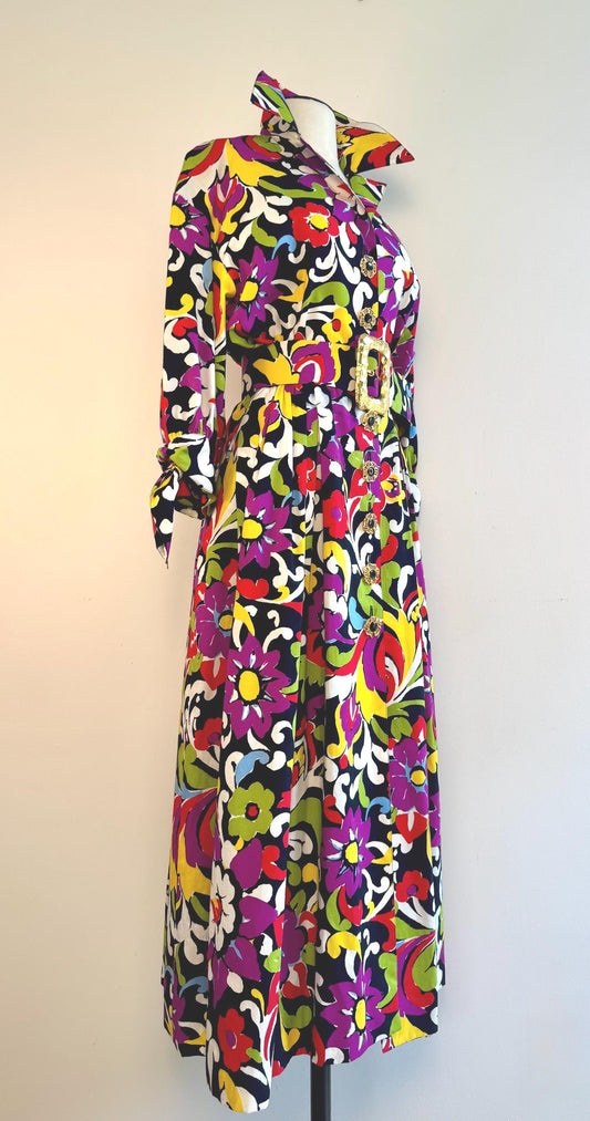 90s Christian LaCroix Floral Printed Cotton Embellished Dress