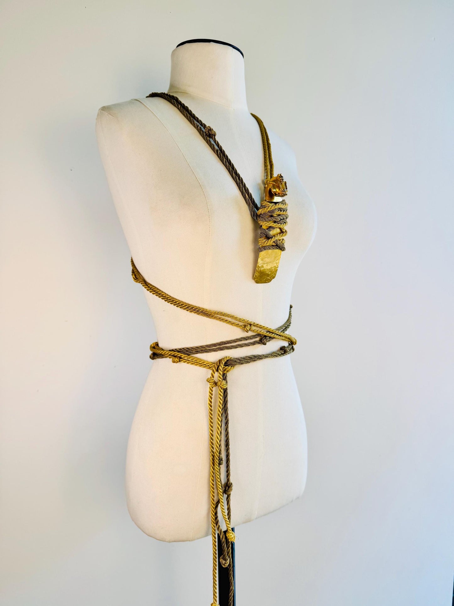 Rare Mary McFadden Gold Plated Dragon Pendant with Long Metallic Ropes