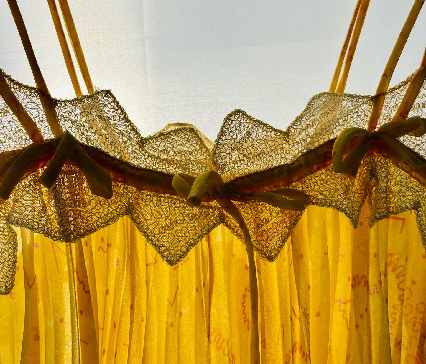 70s Zandra RHODES Yellow Pleated Lace Trimmed Tent Slip Dress