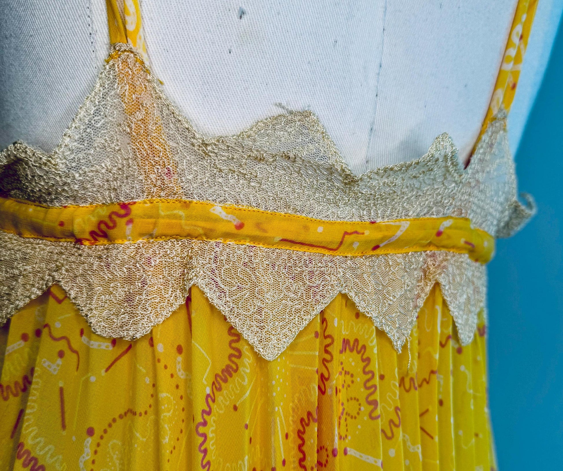 70s Zandra RHODES Yellow Pleated Lace Trimmed Tent Slip Dress