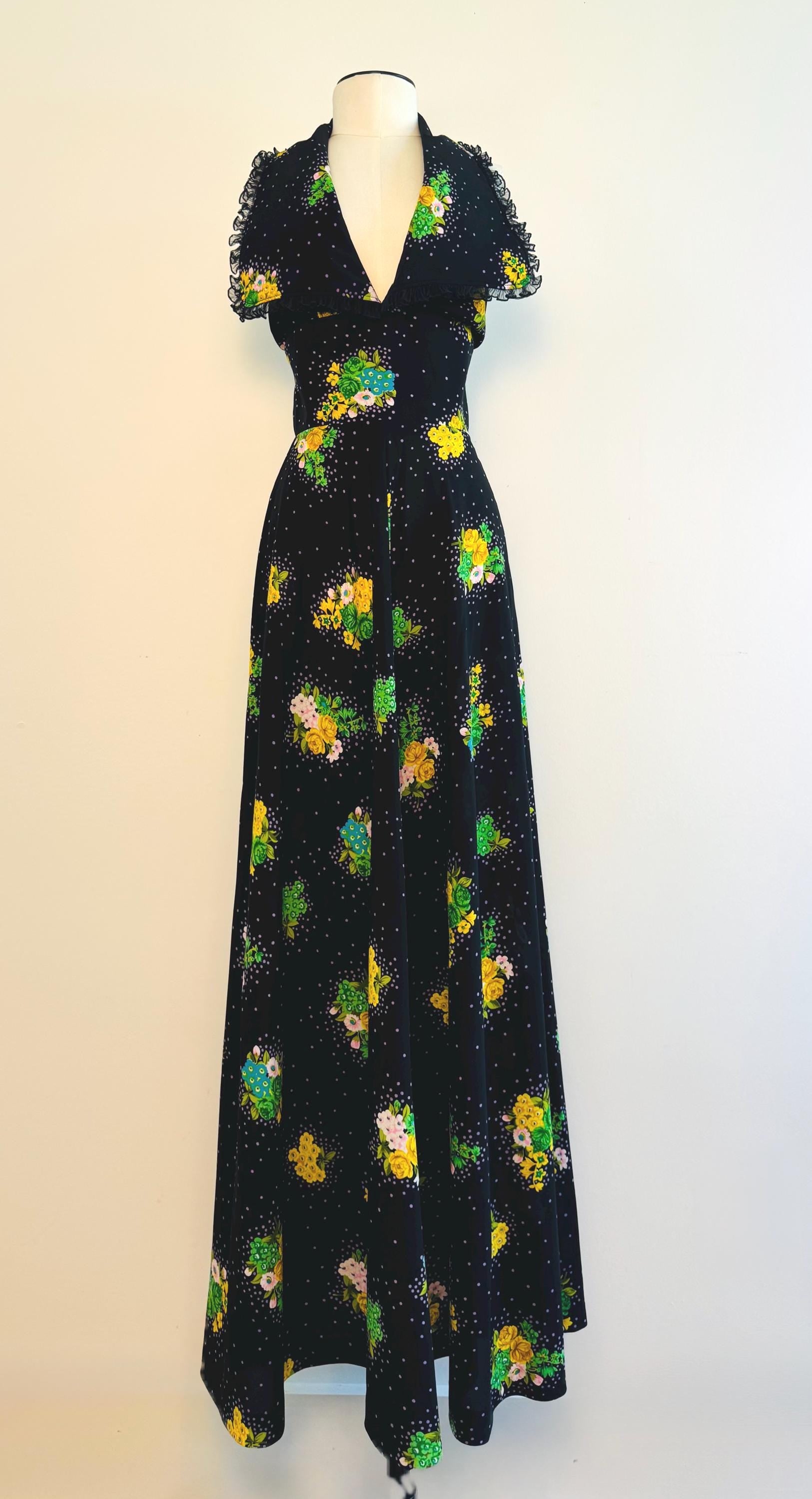 70s OOAK Floral Print Halter Maxi Dress