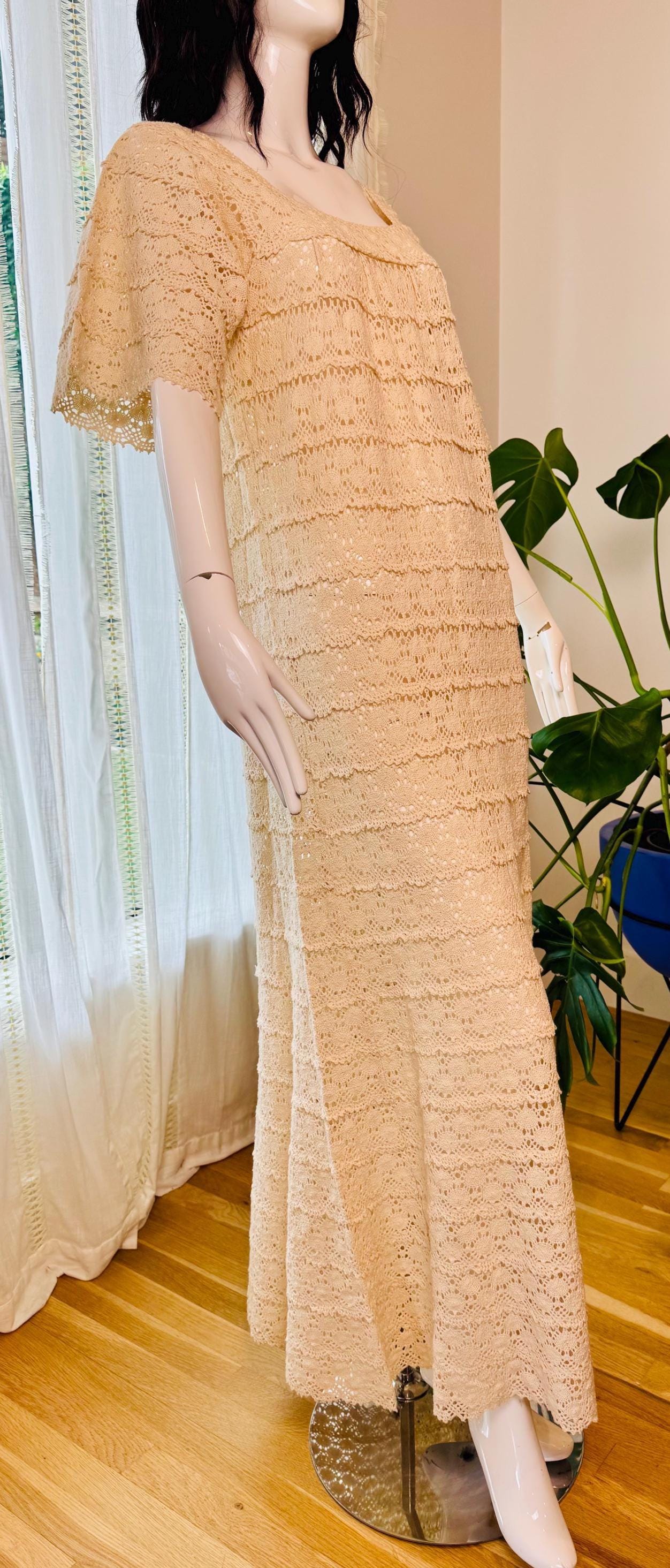 Vintage Cream Cotton Crochet Maxi Dress
