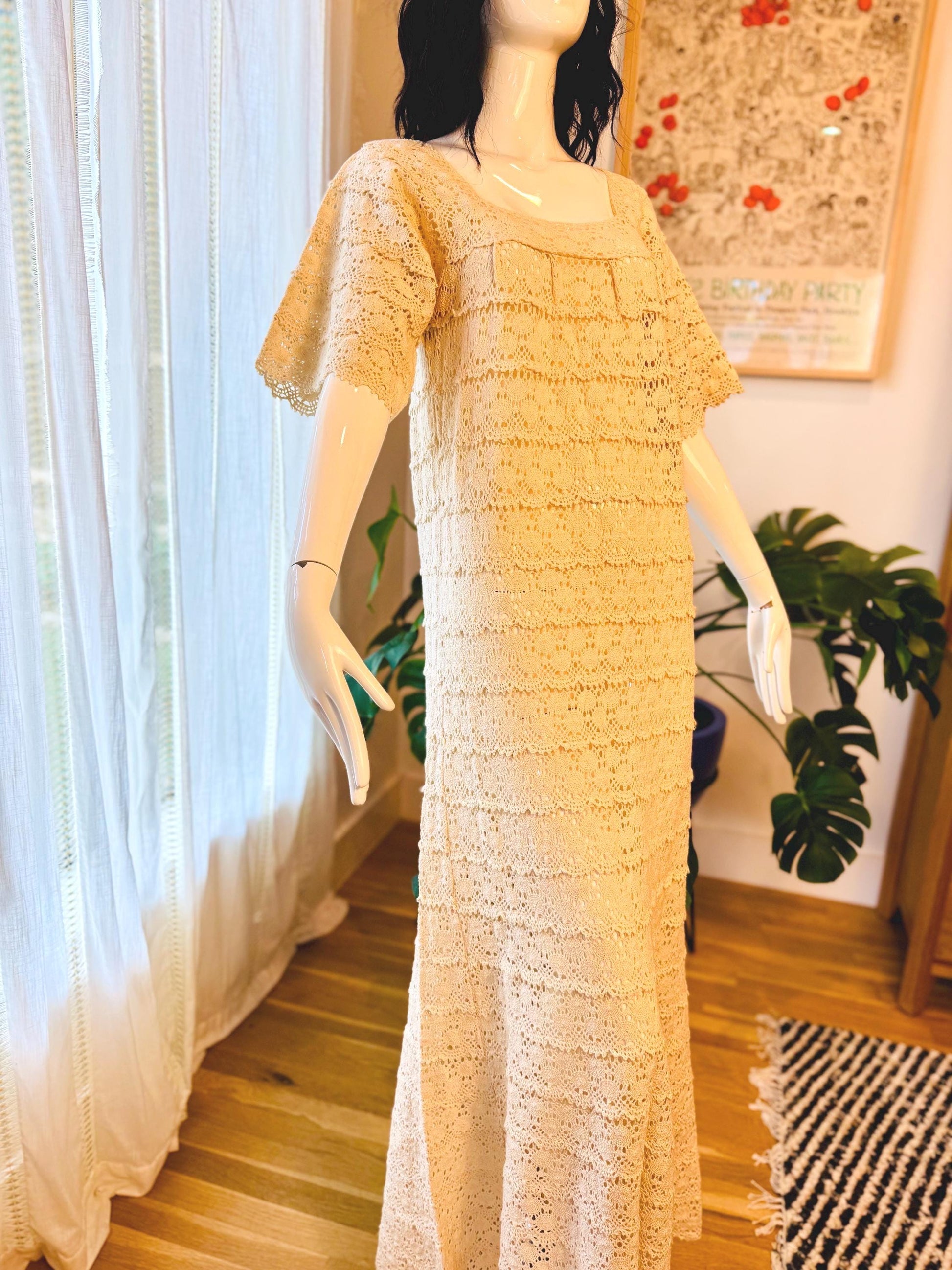 Vintage Cream Cotton Crochet Maxi Dress