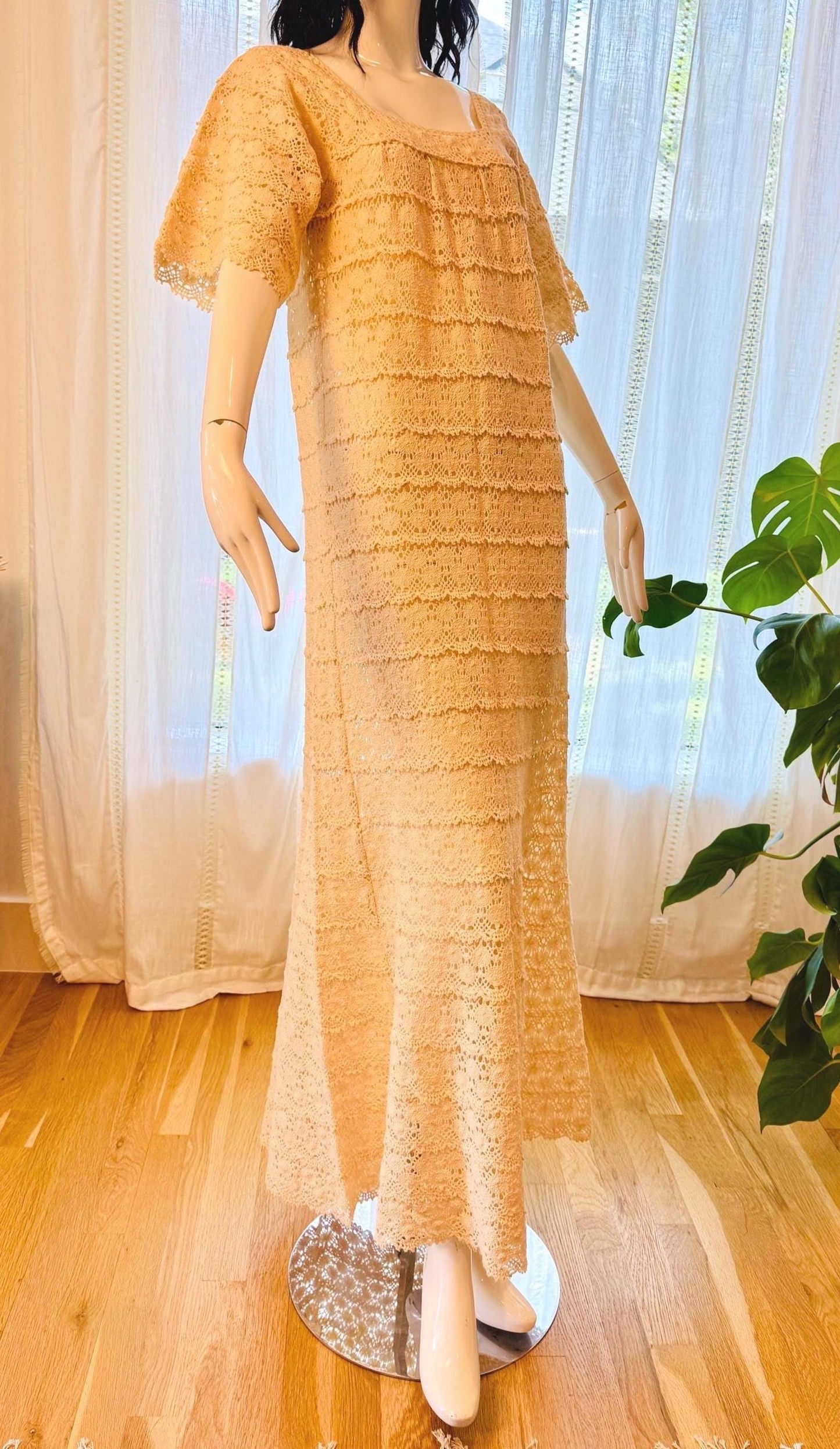Vintage Cream Cotton Crochet Maxi Dress
