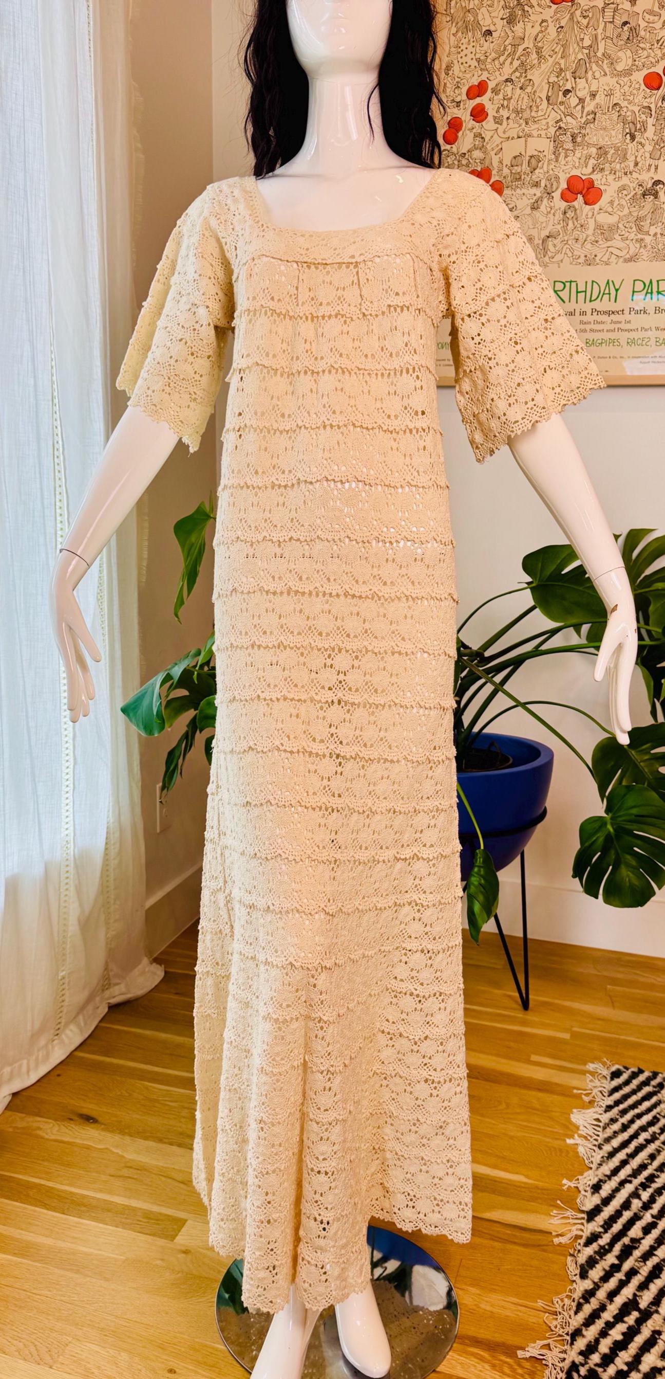 Vintage Cream Cotton Crochet Maxi Dress
