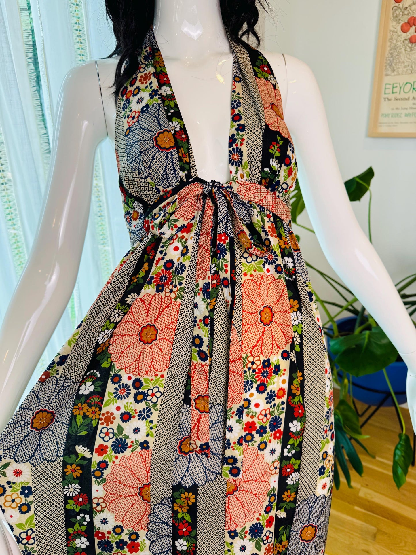 70s Silk PJ Walsh Floral Print Halter Dress