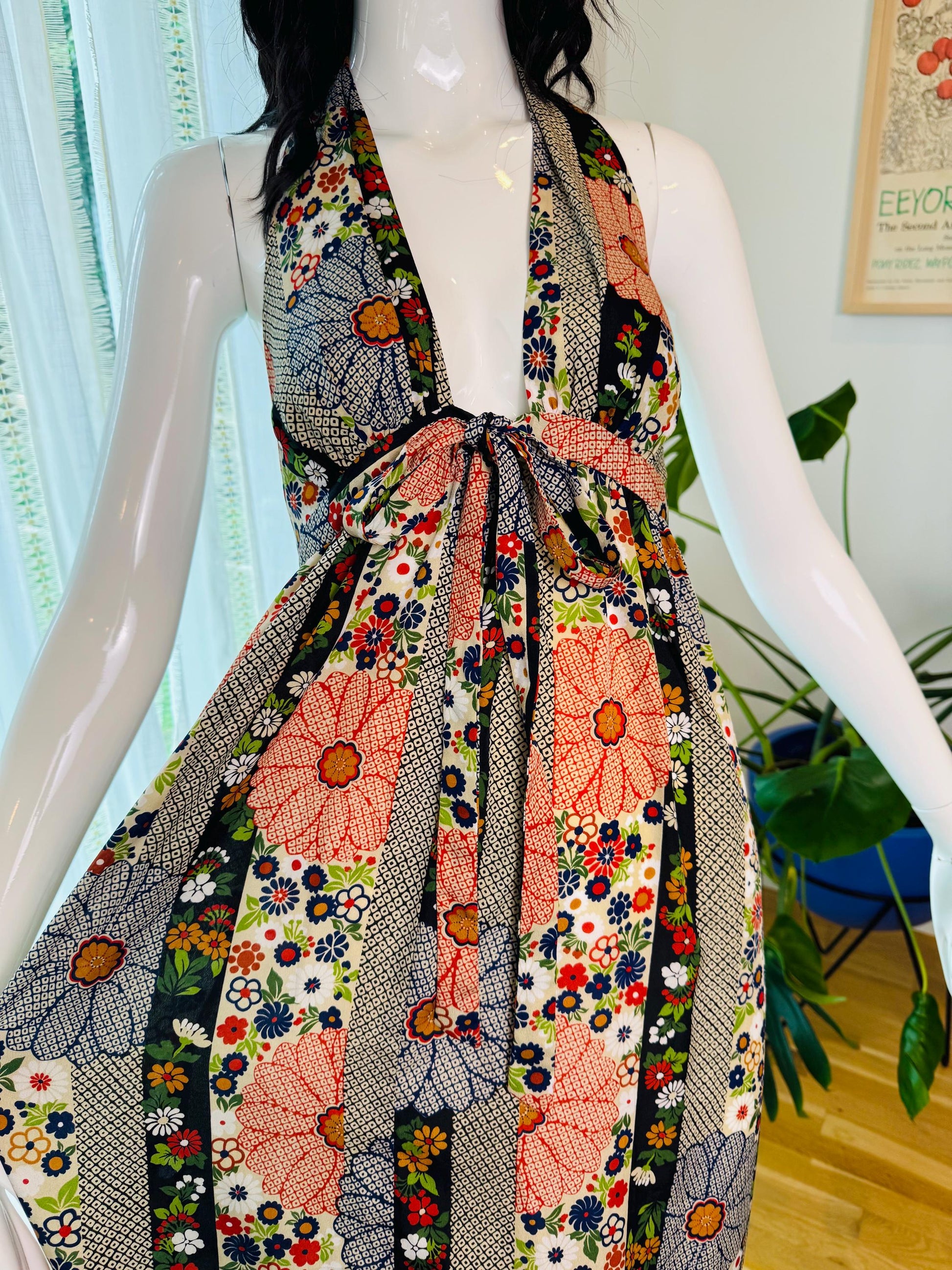 70s Silk PJ Walsh Floral Print Halter Dress