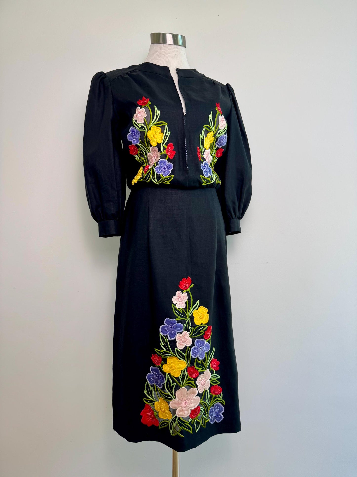 Vintage Karl Lagerfeld for Tiazini Roma Black Linen Floral Dress