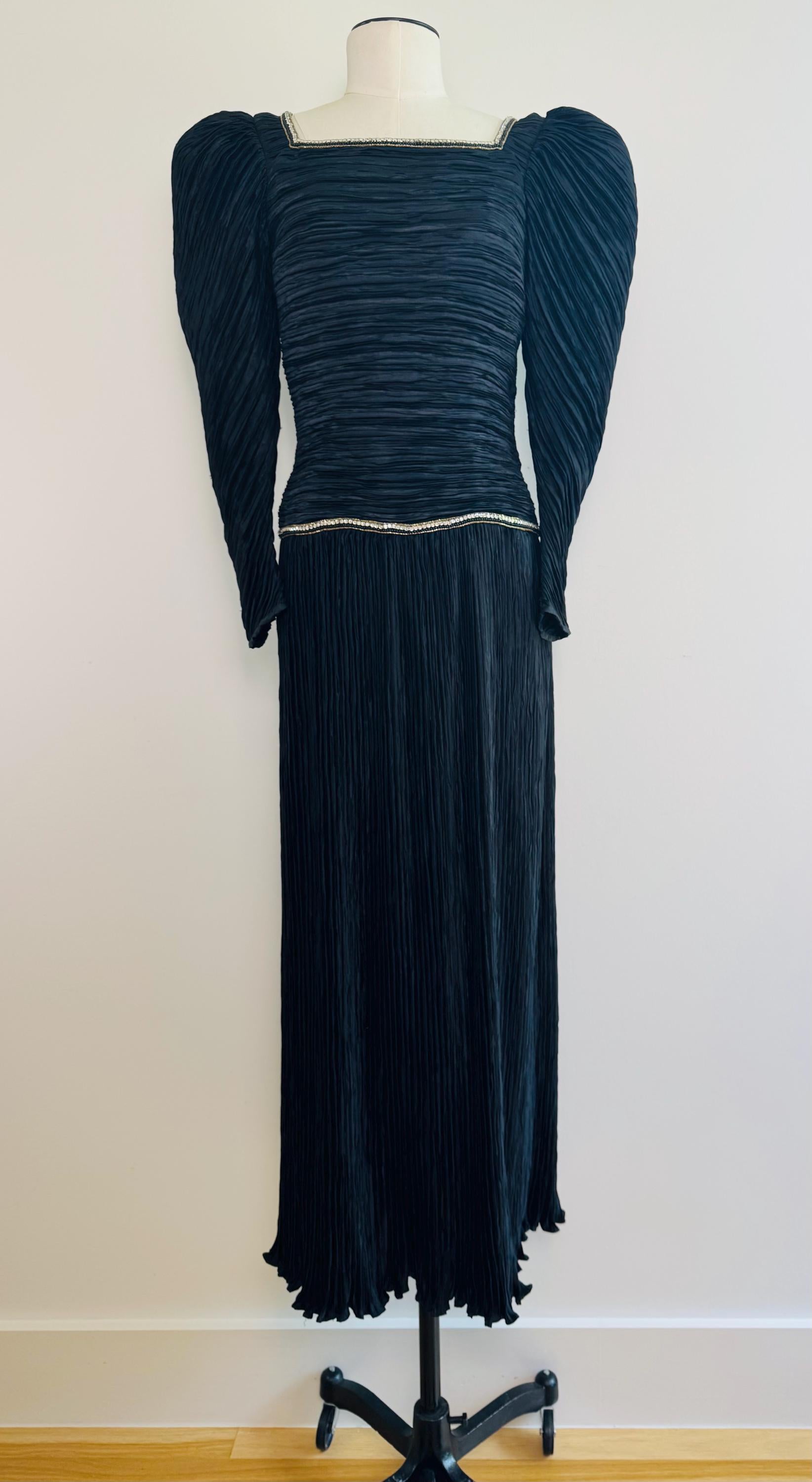 80s Mary McFadden Couture Puffy Shoulders Embelished Plisse Gown