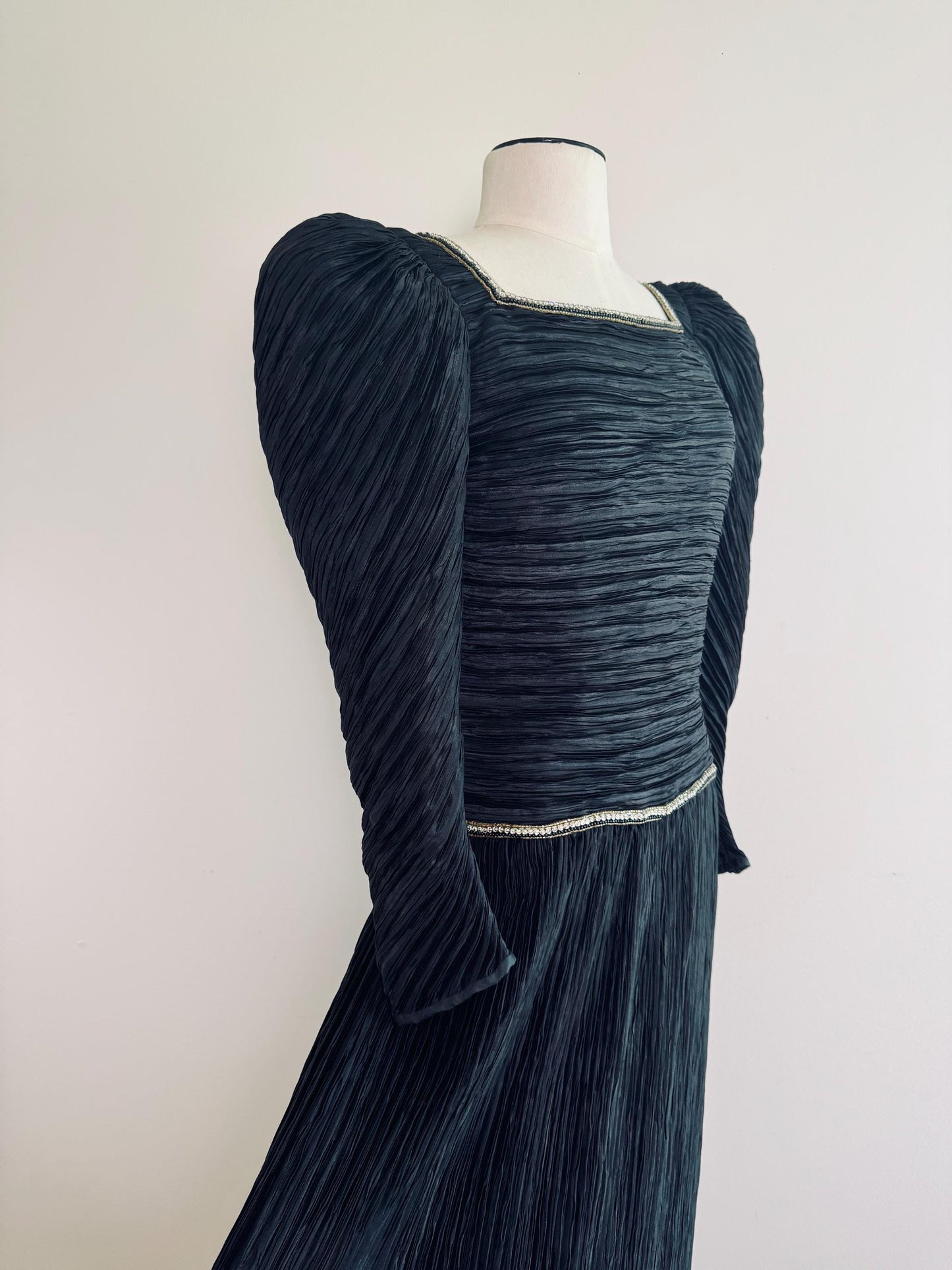 80s Mary McFadden Couture Puffy Shoulders Embelished Plisse Gown