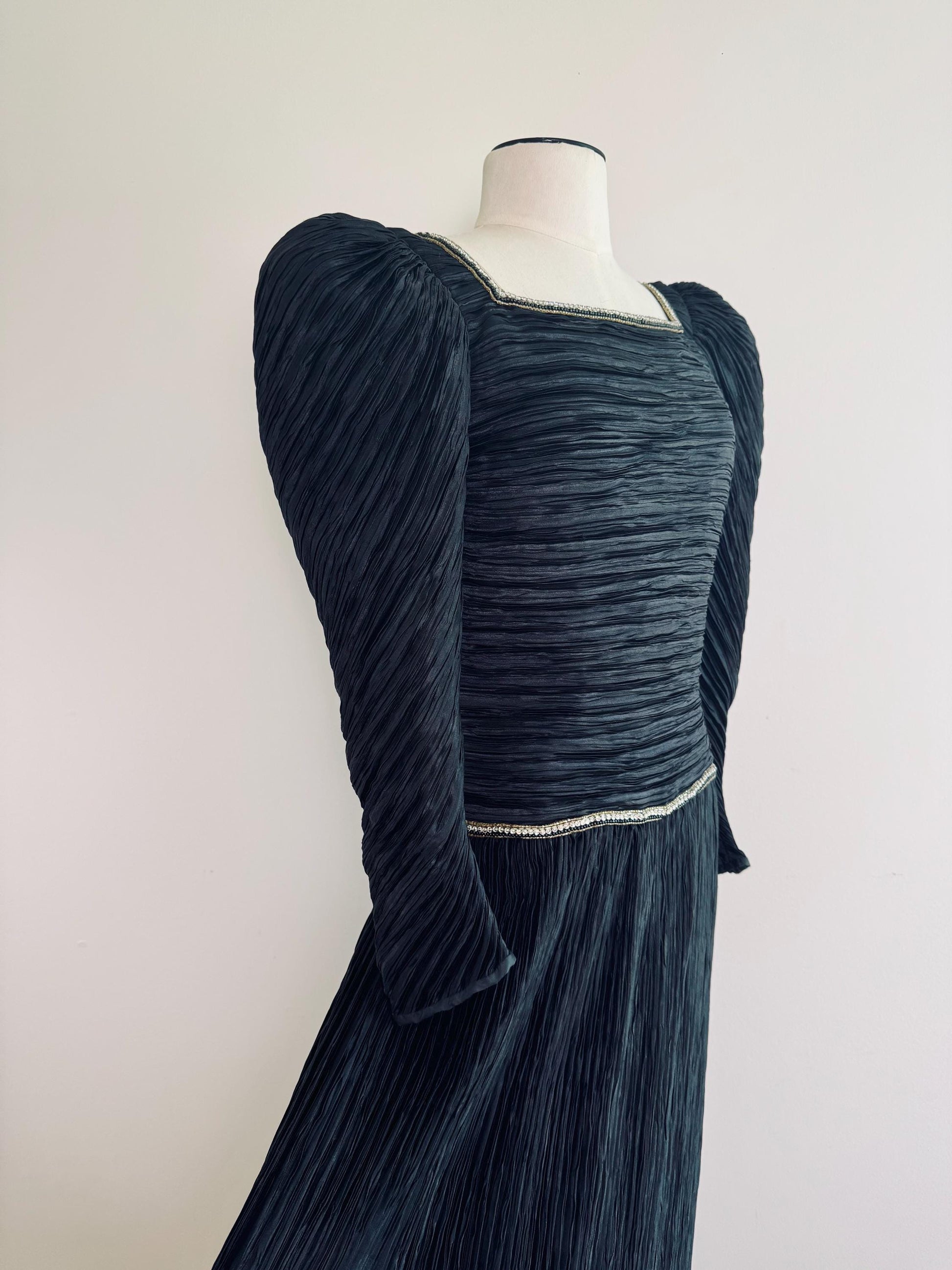80s Mary McFadden Couture Puffy Shoulders Embelished Plisse Gown