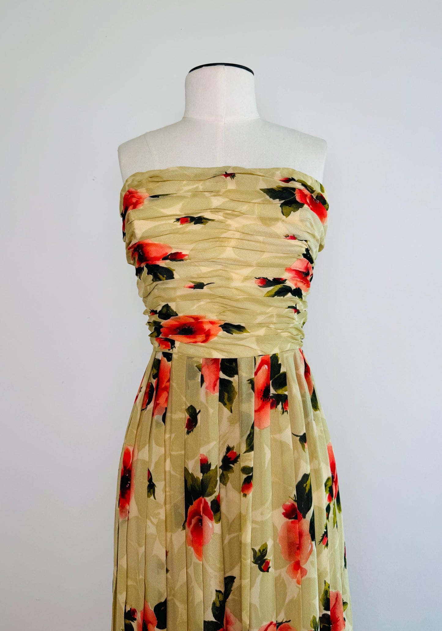Vintage Bill Blass Silk Chiffon Floral Dress Strapless Boned Bodice Pleated Hibiscus Dress 26" Waist