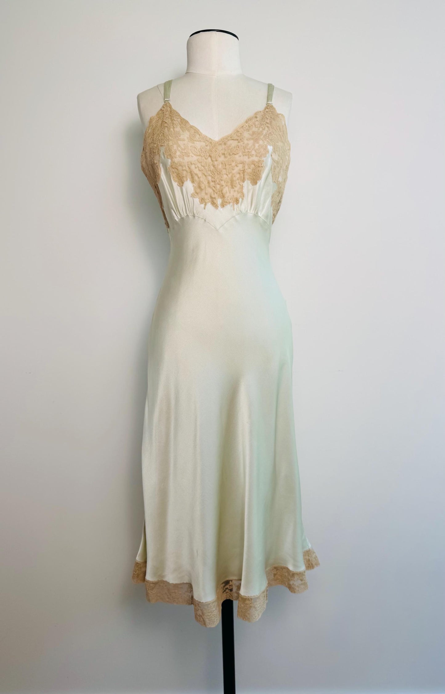 40s Heavenly Fischer Silk and Lace Pale Mint Green Slip