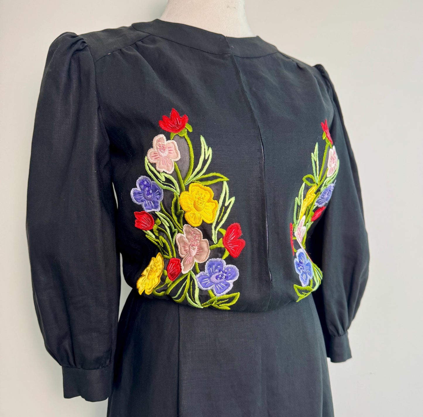 Vintage Karl Lagerfeld for Tiazini Roma Black Linen Floral Dress