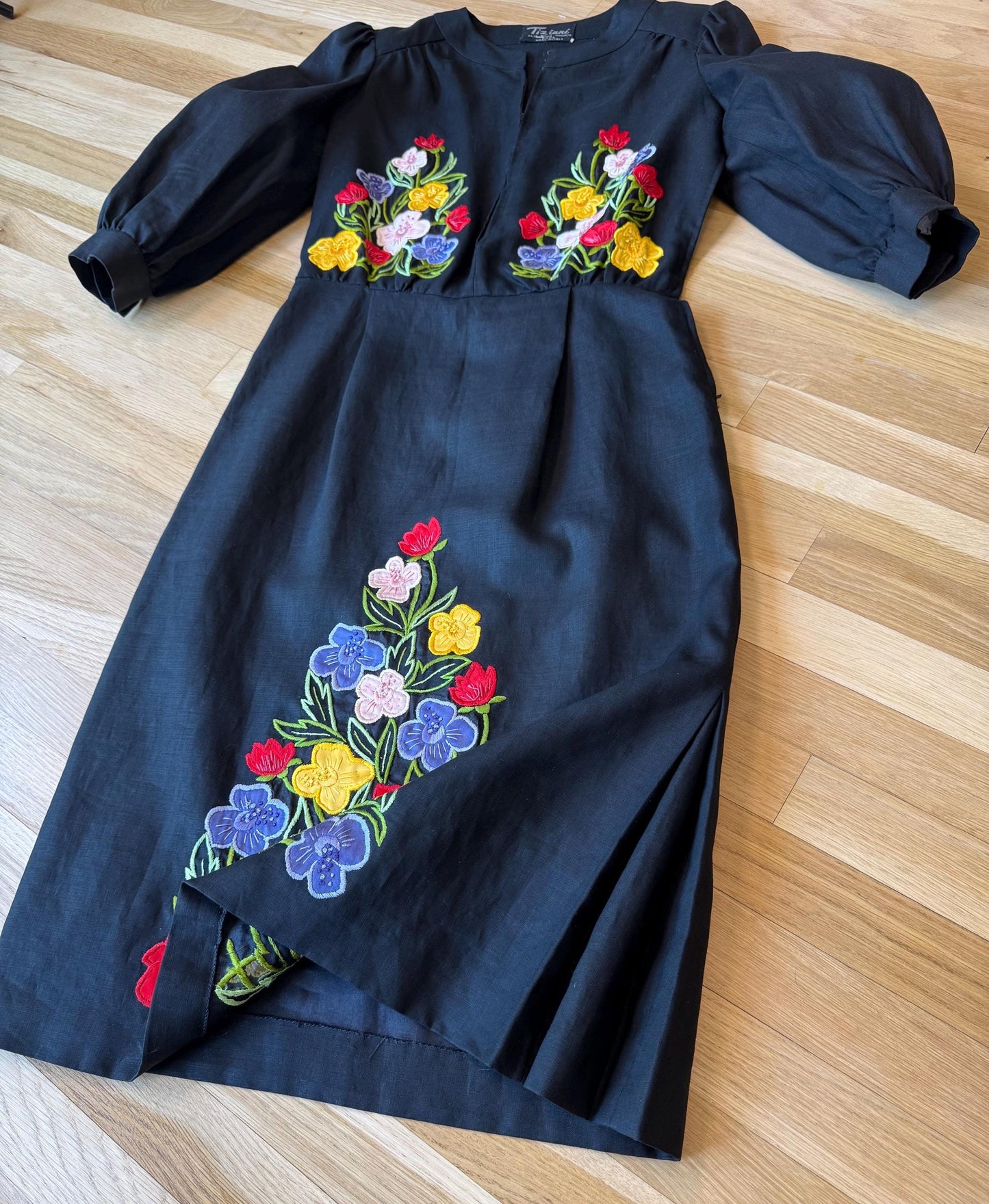 Vintage Karl Lagerfeld for Tiazini Roma Black Linen Floral Dress