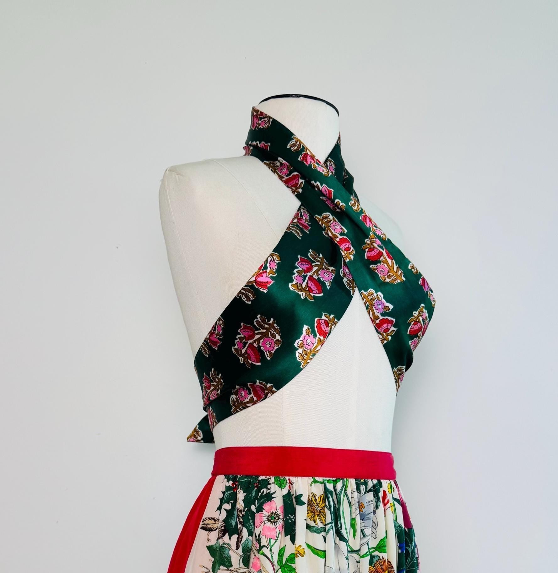 70s Green and Pink Printed Ascot Sash Satin Necktie