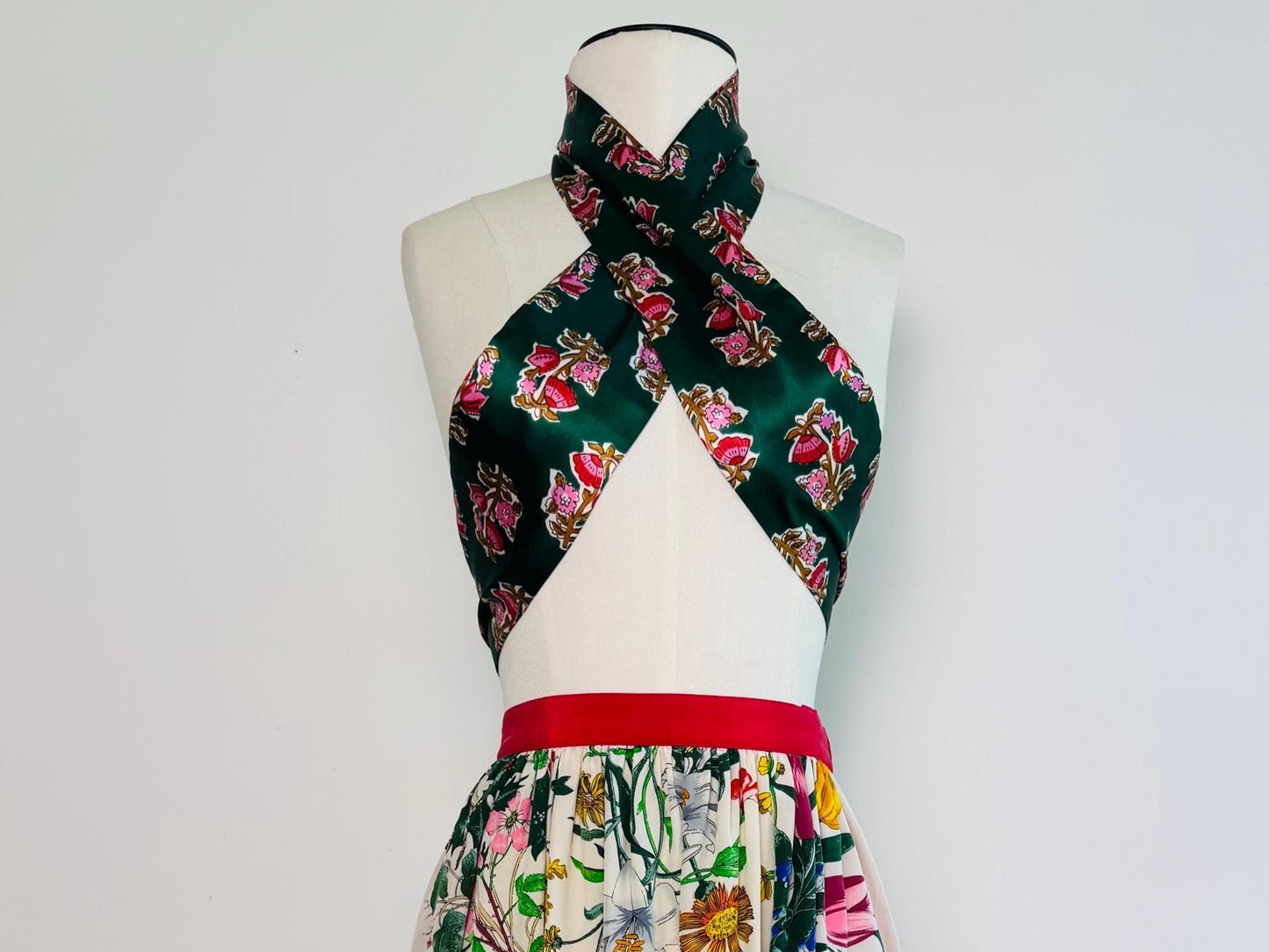 70s Green and Pink Printed Ascot Sash Satin Necktie