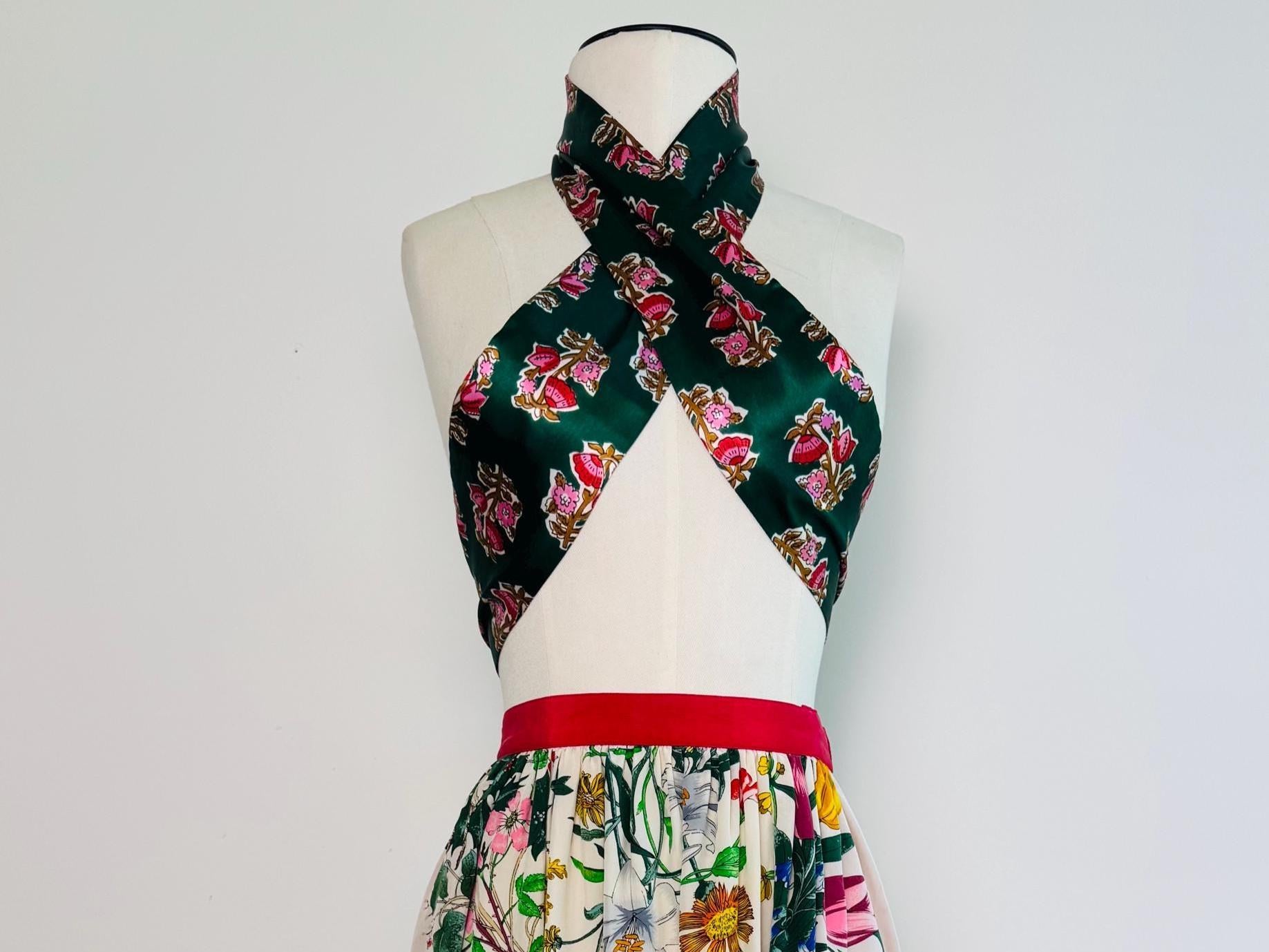 70s Green and Pink Printed Ascot Sash Satin Necktie