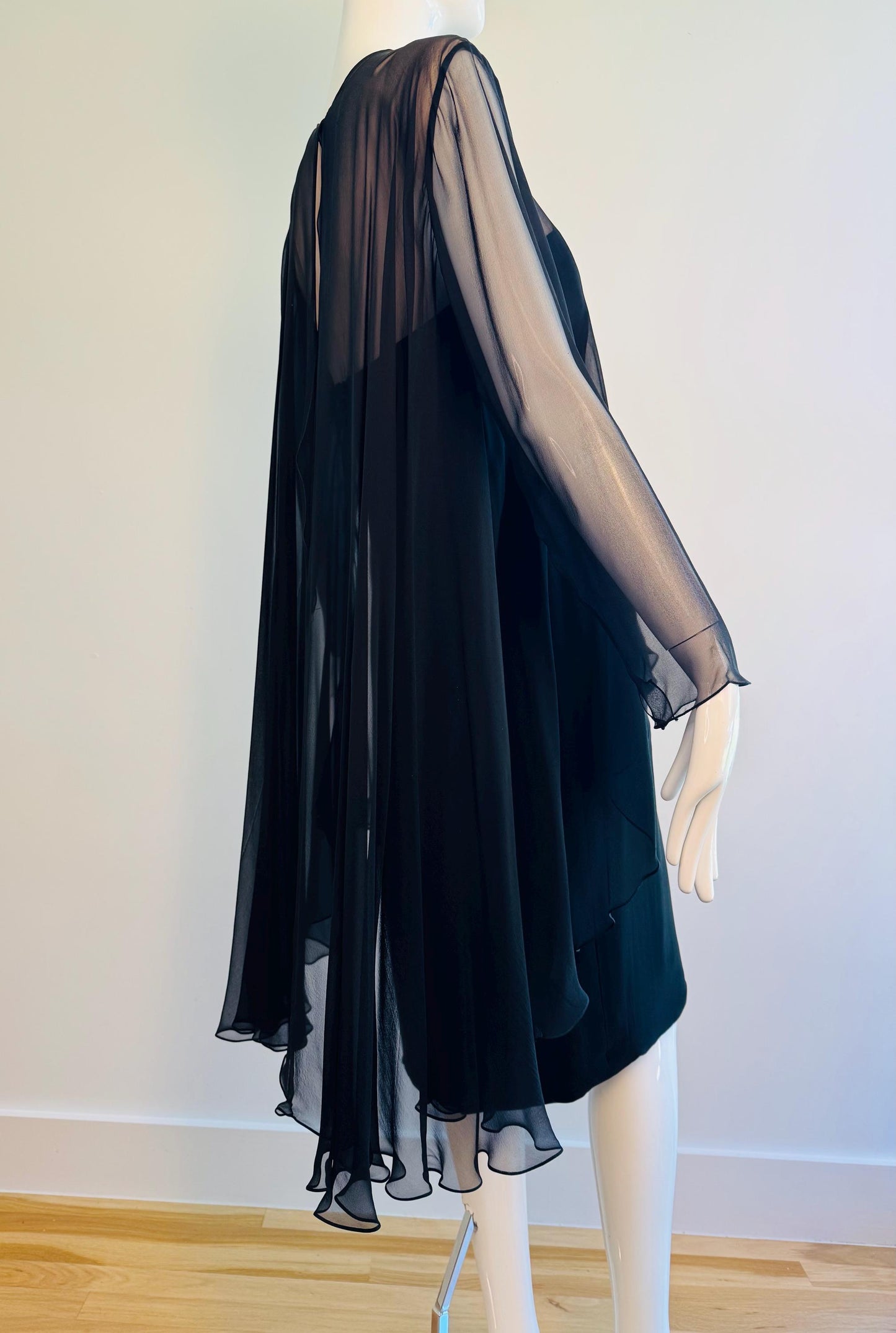 60s Travilla Black Silk Chiffon Cocktail Dress