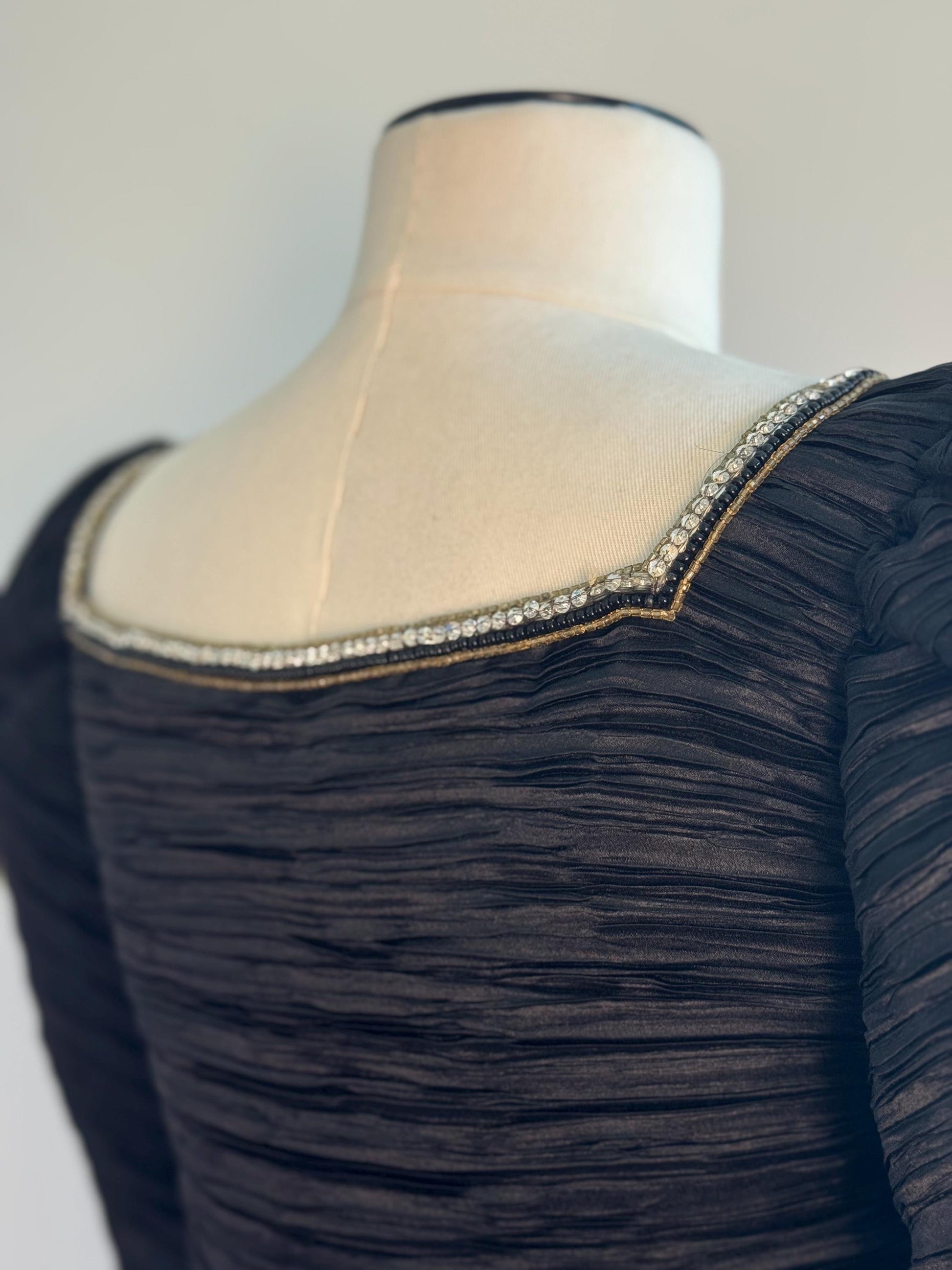 80s Mary McFadden Couture Puffy Shoulders Embelished Plisse Gown