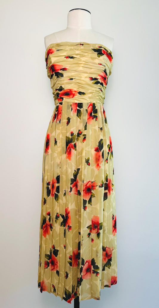 Vintage Bill Blass Silk Chiffon Floral Dress Strapless Boned Bodice Pleated Hibiscus Dress 26" Waist