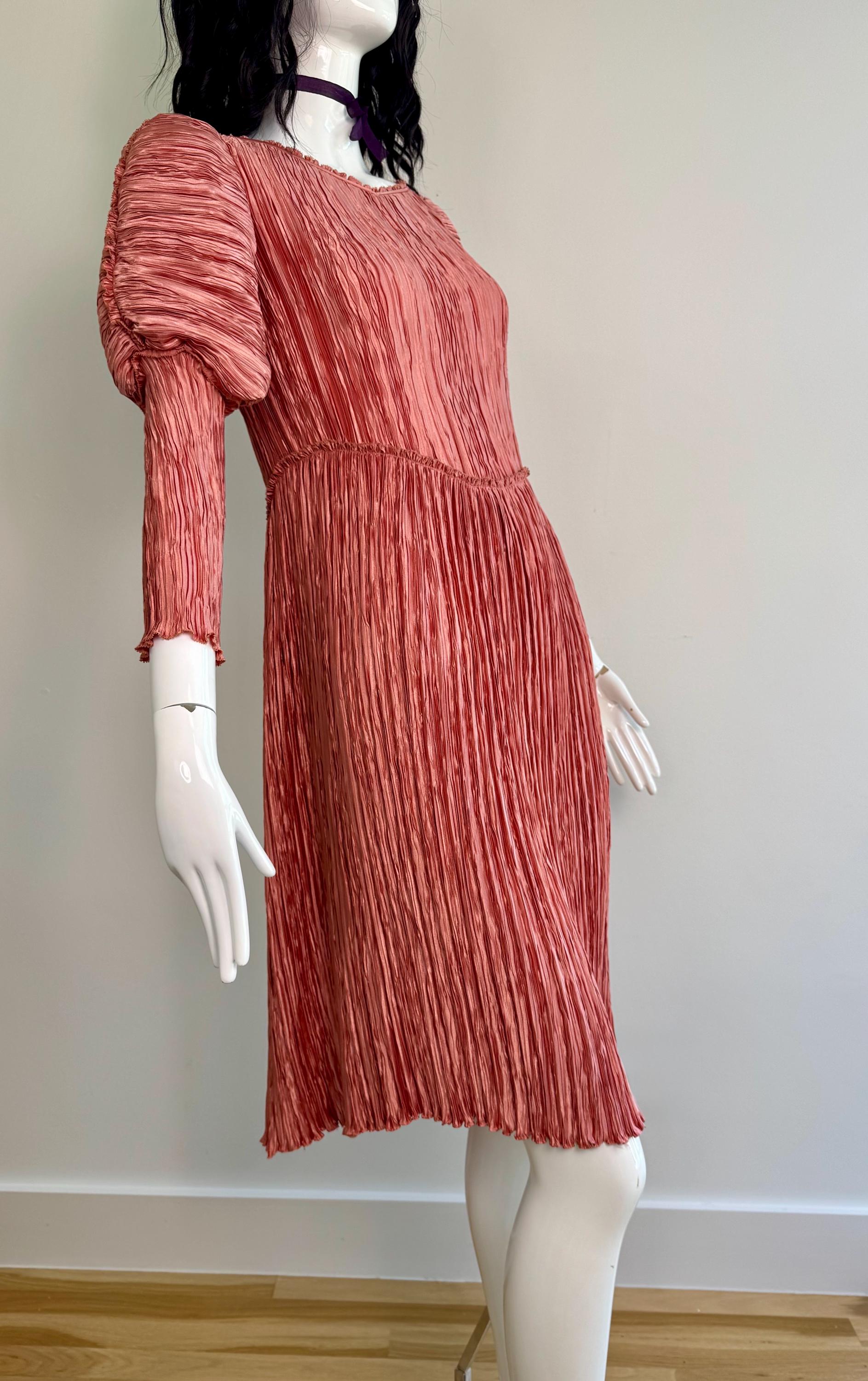 1970s Mary McFadden Couture Plisse Pink Juliet Sleeves Dress