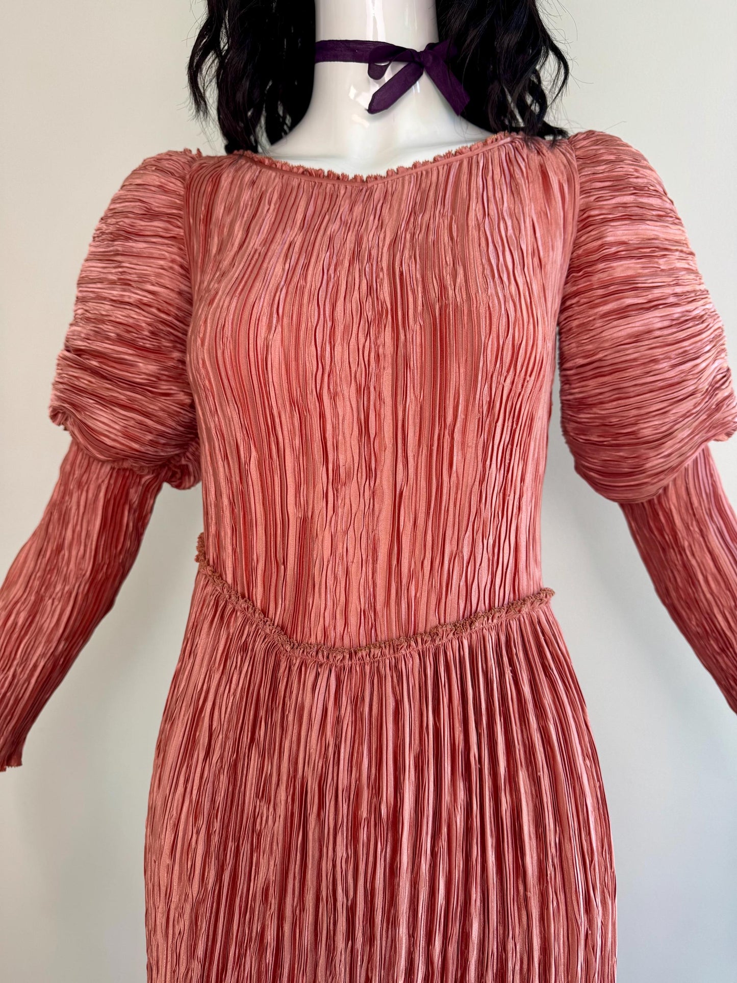 1970s Mary McFadden Couture Plisse Pink Juliet Sleeves Dress