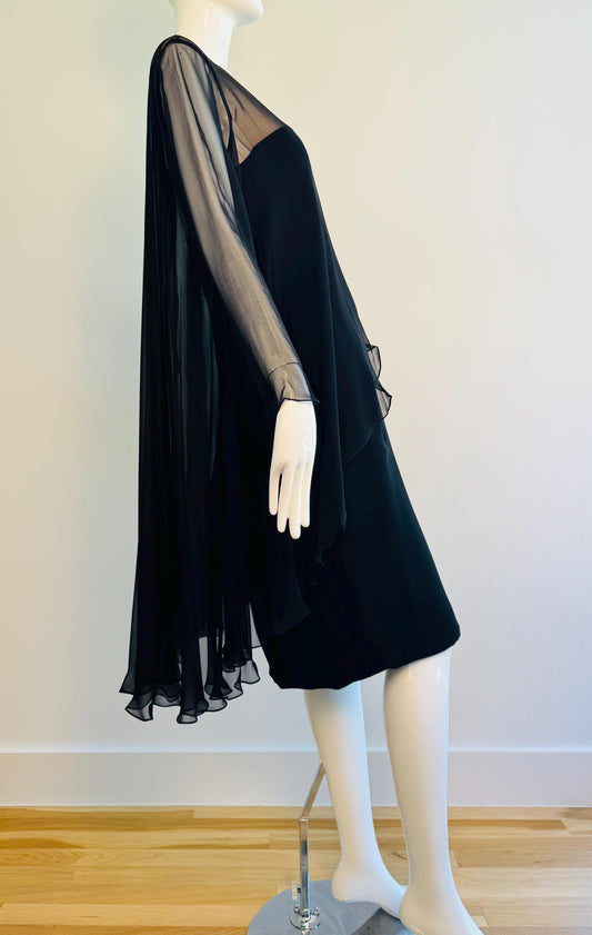 60s Travilla Black Silk Chiffon Cocktail Dress