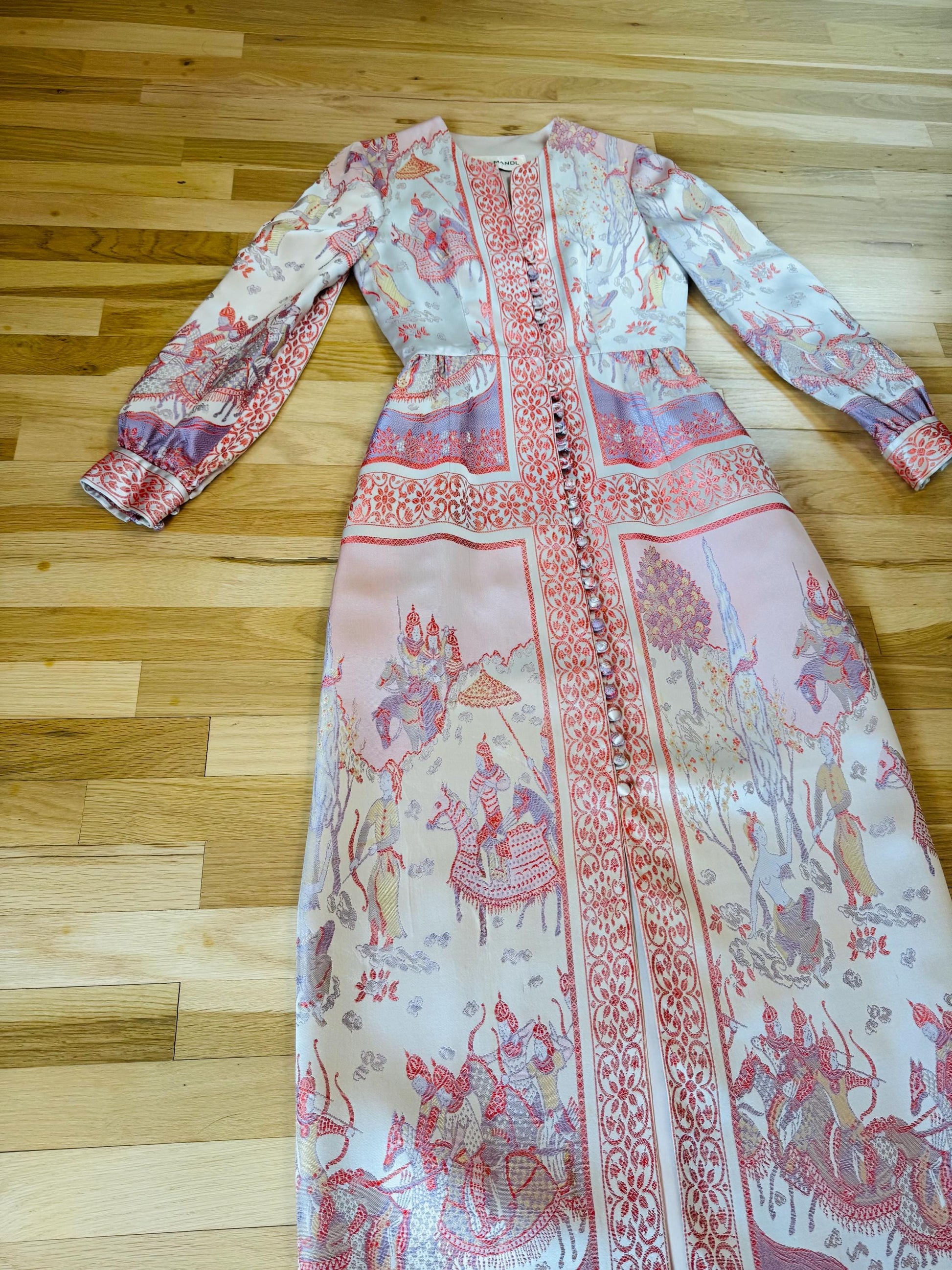 Rare 60s Jon Mandl Silk Jacquard Asian Floral Gown