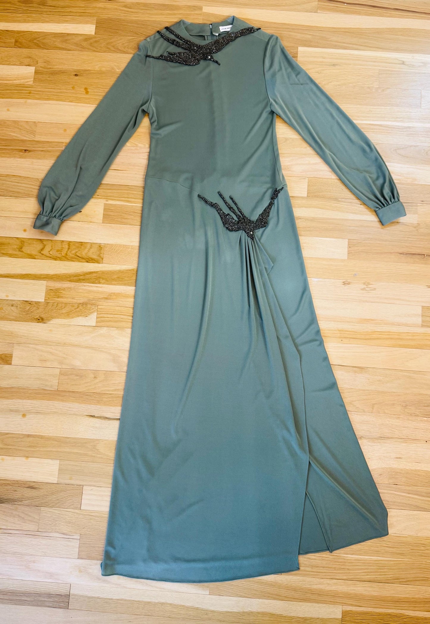 70s John Anthony Silk Jersey Hand Beaded Surrealist Bird Gown