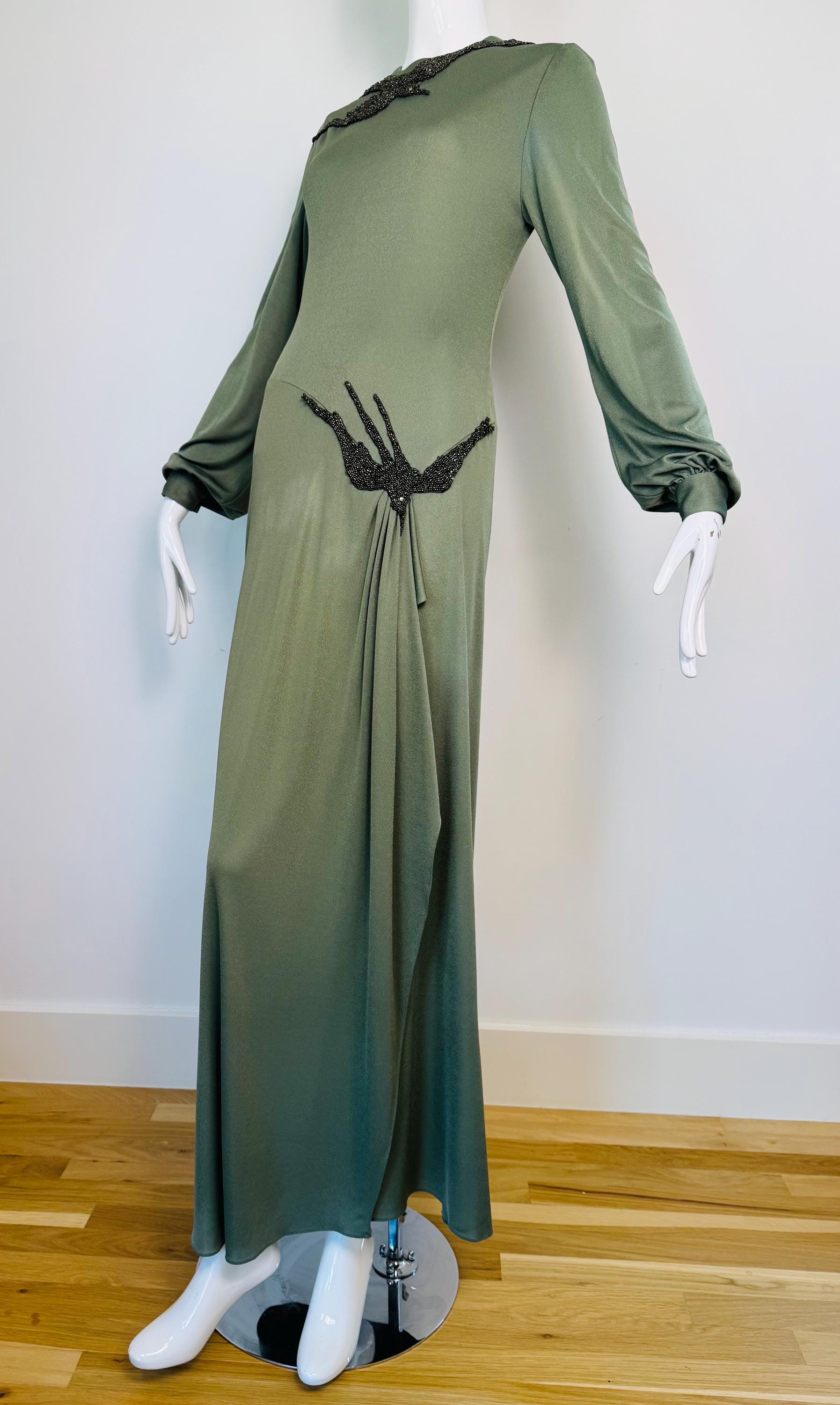 70s John Anthony Silk Jersey Hand Beaded Surrealist Bird Gown