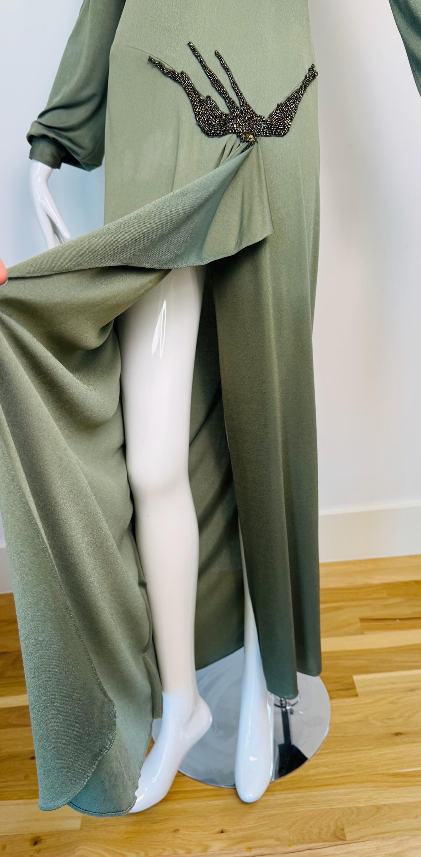 70s John Anthony Silk Jersey Hand Beaded Surrealist Bird Gown