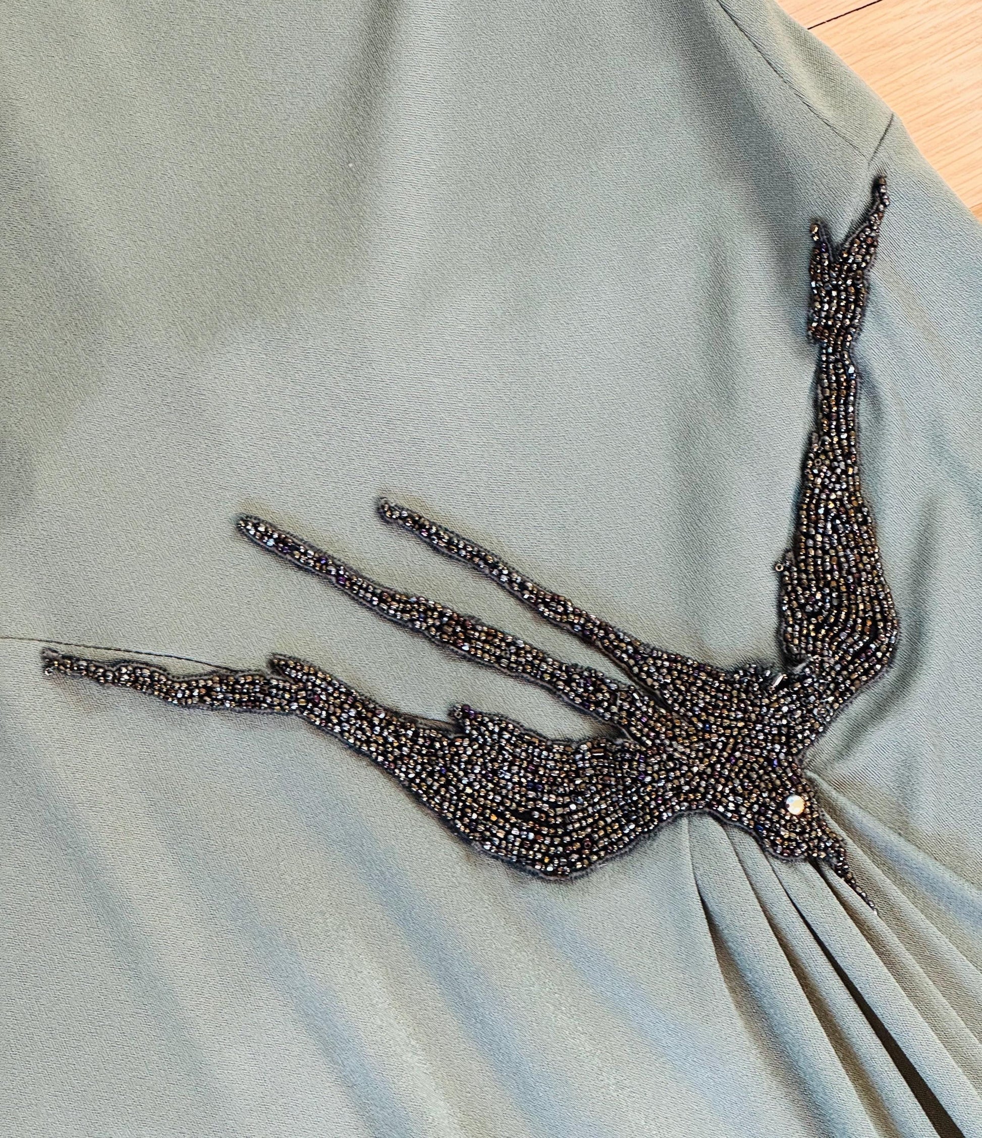 70s John Anthony Silk Jersey Hand Beaded Surrealist Bird Gown